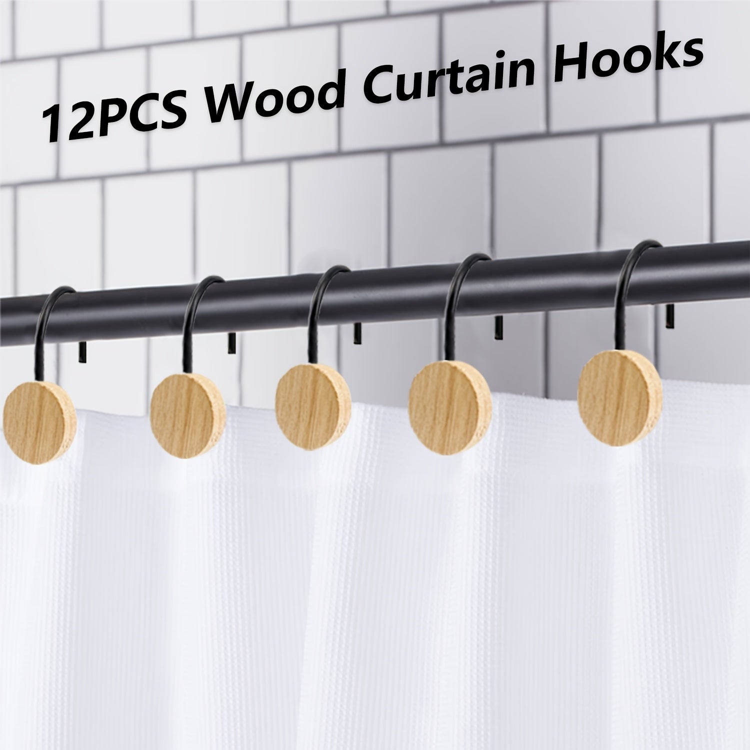 12pcs Wood Decorative Curtain Hooks, Shower Curtain Rings for Bathroom, Modern Decorative Shower Curtain Hangers for Shower Curtain Rod