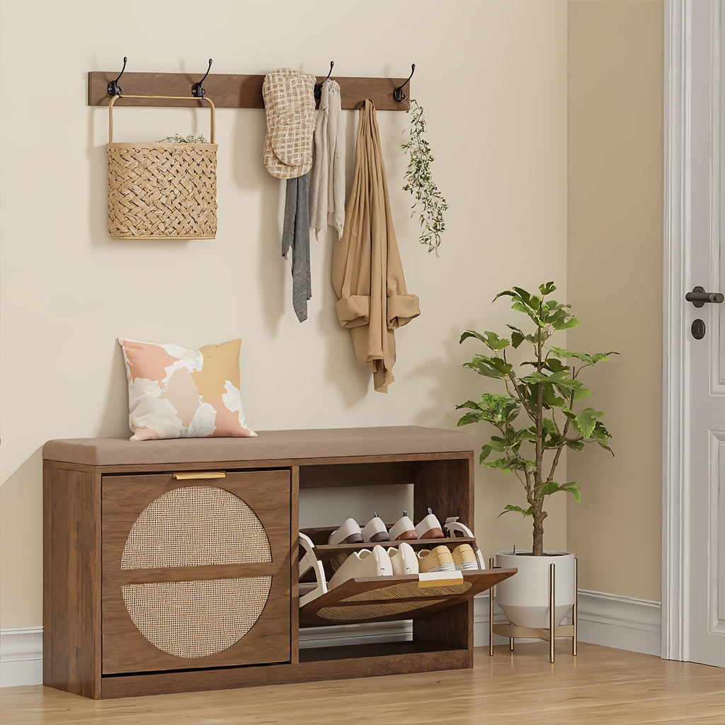 Rustic Rattan Entryway Bench with Cushion & Coat Rack - Narrow Shoe Cabinet Suitable for Hallway, Frame with Flip-Door Storage & 5-Hook Coat Rack, Cushioned, Space-Saving Shoe Organizer for Small Spaces, Entryway Furniture