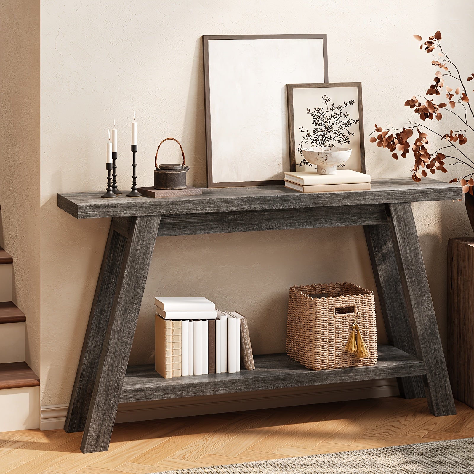 55-inch Farmhouse Entryway Table Solid Wood 2-level Narrow Sofa Table For The Living Room Dining Hallway, Perfect For The Country Entrance Table In The Living Room