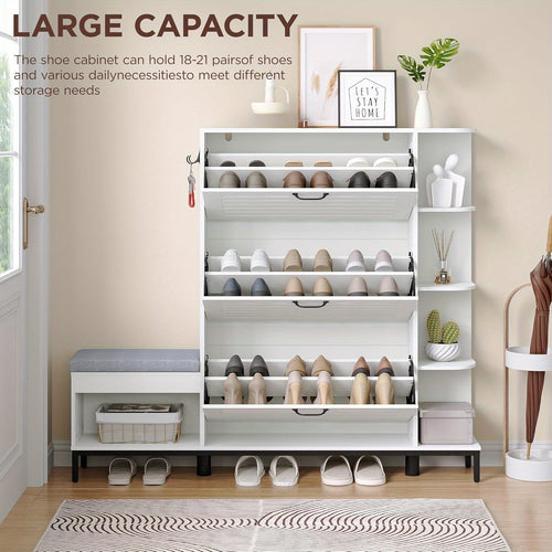 16cm Narrow Shoe Cabinet with 3 Flip Louvered Doors and Side Storage 44 H Entryway Shoe Rack Organizer with Upholstered Bench Hooks and Adjustable Shelves Space Saving White Shoe Storage for Front Door or Hallway