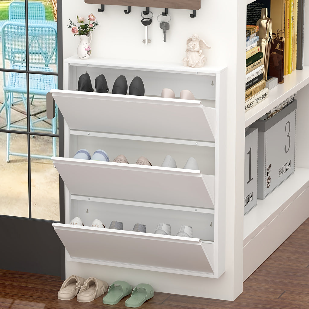 Wall-Mounted Shoe Cabinet with Flip-Door Drawers - Heavy-Duty Metal Shoe Storage Suitable for Entryway, Narrow Space-Saving Shoe Rack Organizer with Flip Doors, Assembly (No Wood Parts)