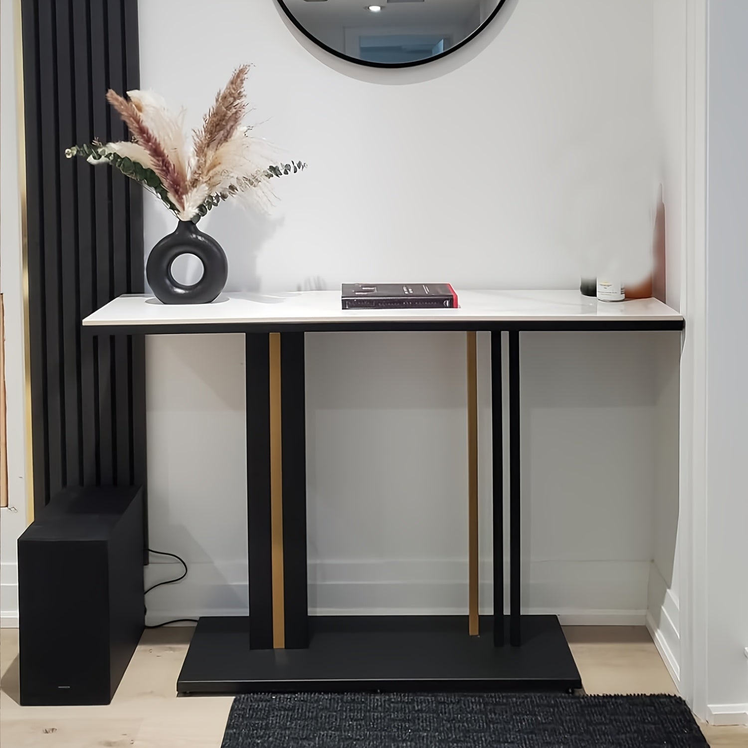 AESOME Modern Luxury Console Table with Snow Mountain White -Look Sintered Stone Top & Black\u002FGolden Metal Pedestal - Entryway Table for Hallway,, Sofa Side - Assembly, Scratch-Resistant, -