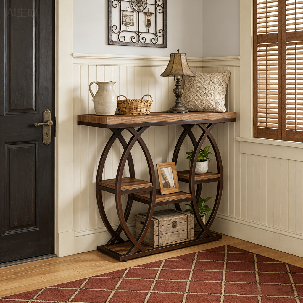 Walnut- Multi-Tier Entryway Table with Metal Frame - Space-Saving Modern Farmhouse Hall Table, Engineered Wood Top & Walnut Base, Easy Assembly, 27\