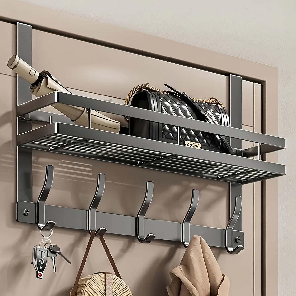 Modern Door Storage Rack Modern Metal Door Storage Rack with Hooks - Fashionable, Easy Installation, Polished Surface | Suitable for Bedroom, Bathroom, Kitchen Organization - Holds Bags, Shoes, Hats, Etc