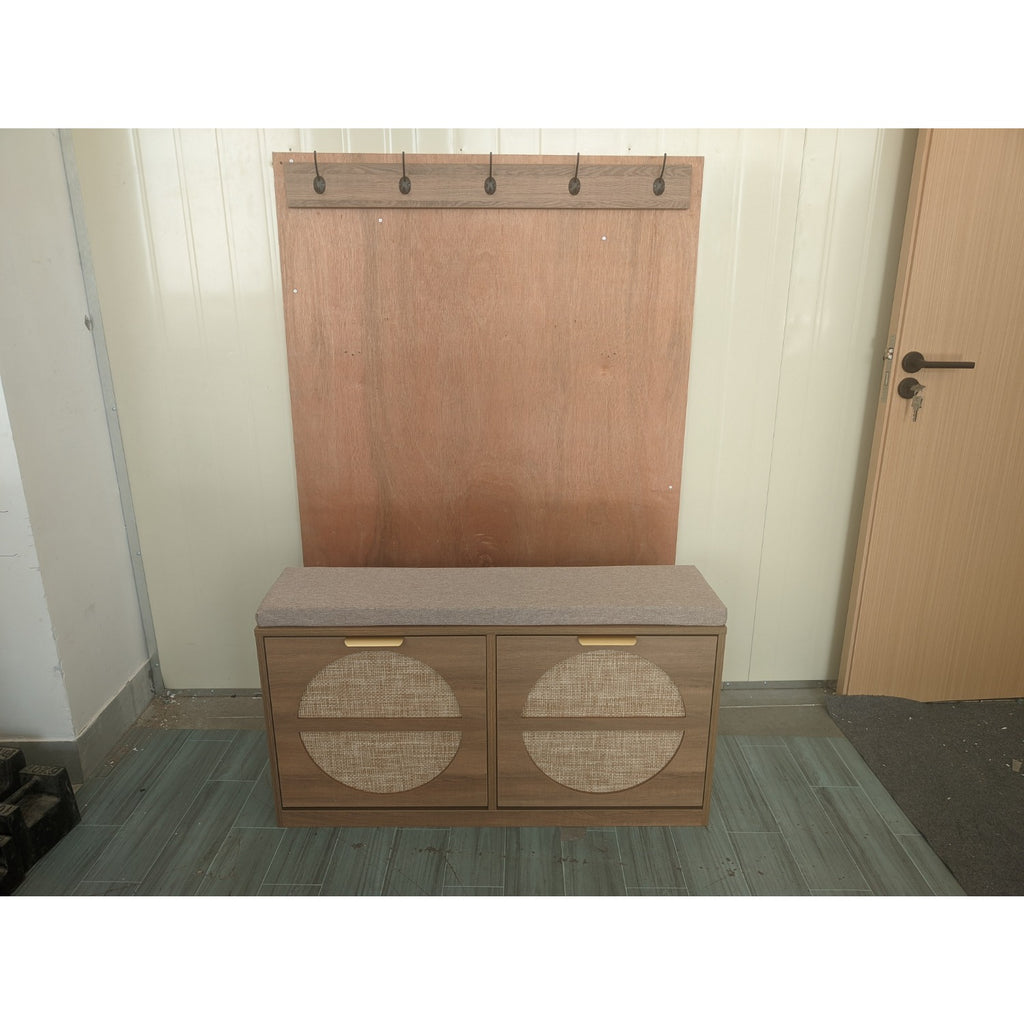 Rustic Rattan Entryway Bench with Cushion & Coat Rack - Narrow Shoe Cabinet Suitable for Hallway, Frame with Flip-Door Storage & 5-Hook Coat Rack, Cushioned, Space-Saving Shoe Organizer for Small Spaces, Entryway Furniture