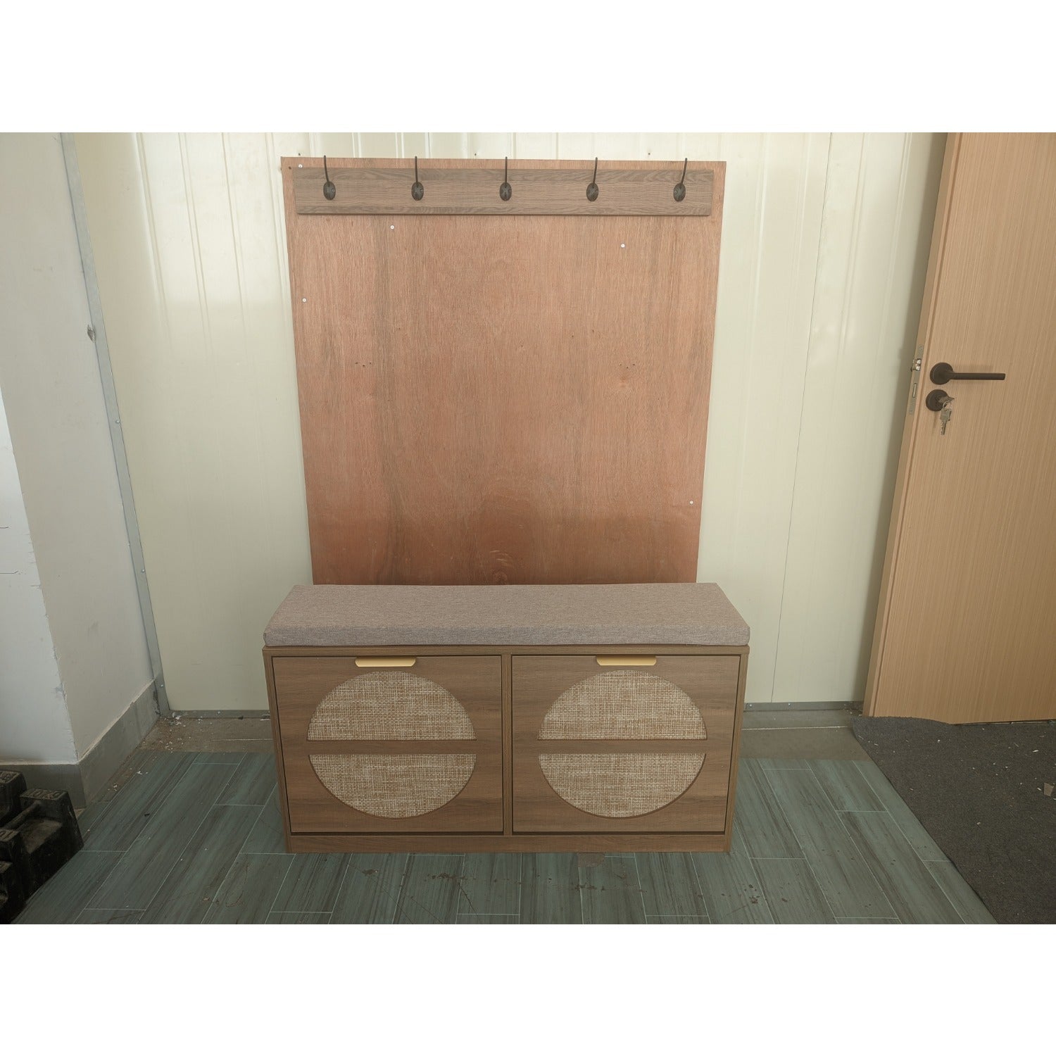 Rustic Rattan Entryway Bench with Cushion & Coat Rack - Narrow Shoe Cabinet Suitable for Hallway, Frame with Flip-Door Storage & 5-Hook Coat Rack, Cushioned, Space-Saving Shoe Organizer for Small Spaces, Entryway Furniture