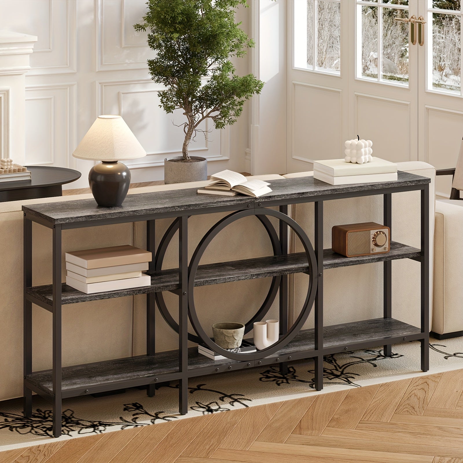 Console Table With Storage, 66.9 Inch Sofa Tables Narrow Long With 3 Tier Wood Storage Shelves Industrial Metal Frame Console Table For Entryway, Hallway, Living Room (Vintage Brown+Black)