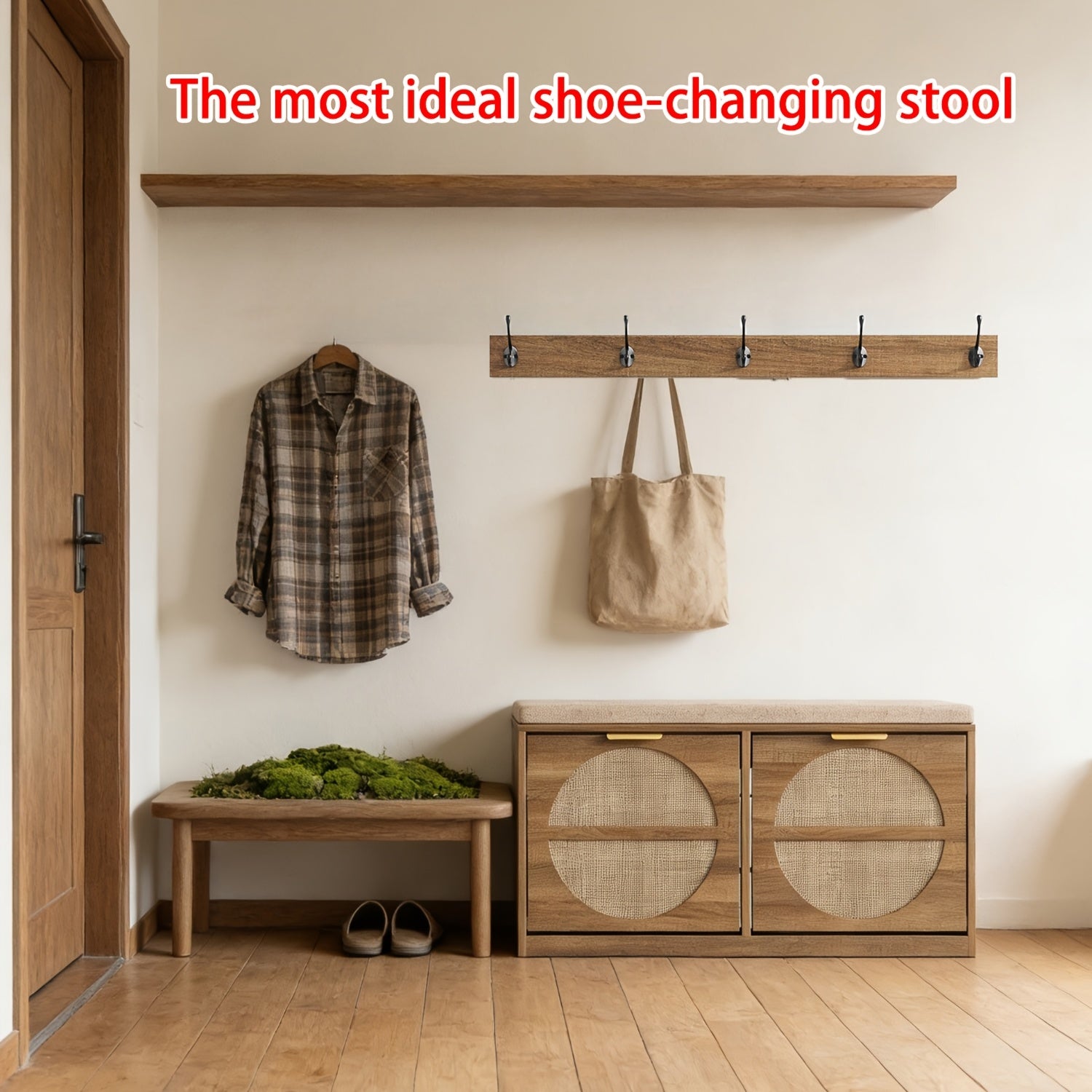 Rustic Rattan Entryway Bench with Cushion & Coat Rack - Narrow Shoe Cabinet Suitable for Hallway, Frame with Flip-Door Storage & 5-Hook Coat Rack, Cushioned, Space-Saving Shoe Organizer for Small Spaces, Entryway Furniture