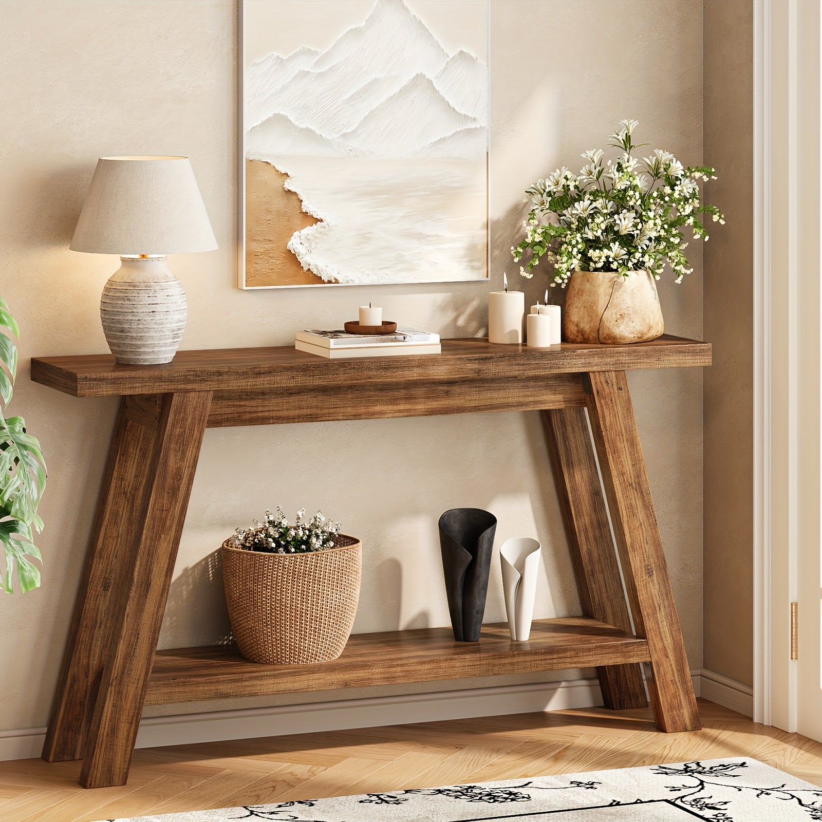 55-inch Farmhouse Entryway Table Solid Wood 2-level Narrow Sofa Table For The Living Room Dining Hallway, Perfect For The Country Entrance Table In The Living Room