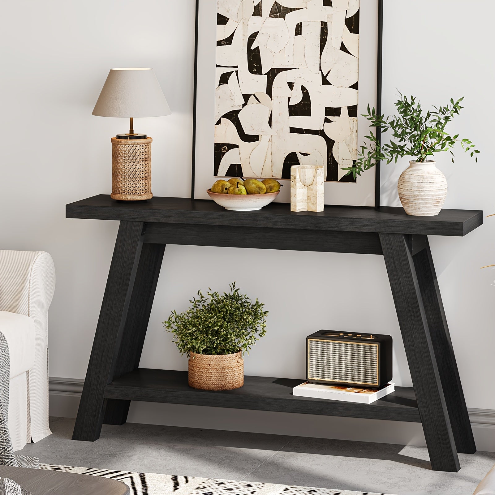 A 55-Inch Minimalist Console Table Designed for Entryways, Featuring a Narrow Rectangular Shape. It Can Serve As a Sofa Table Or TV Stand, Has a Two-Layer Design, Is Easy to Assemble, And Is Ideal for Corridors, Living Rooms, Entrances, And Halls