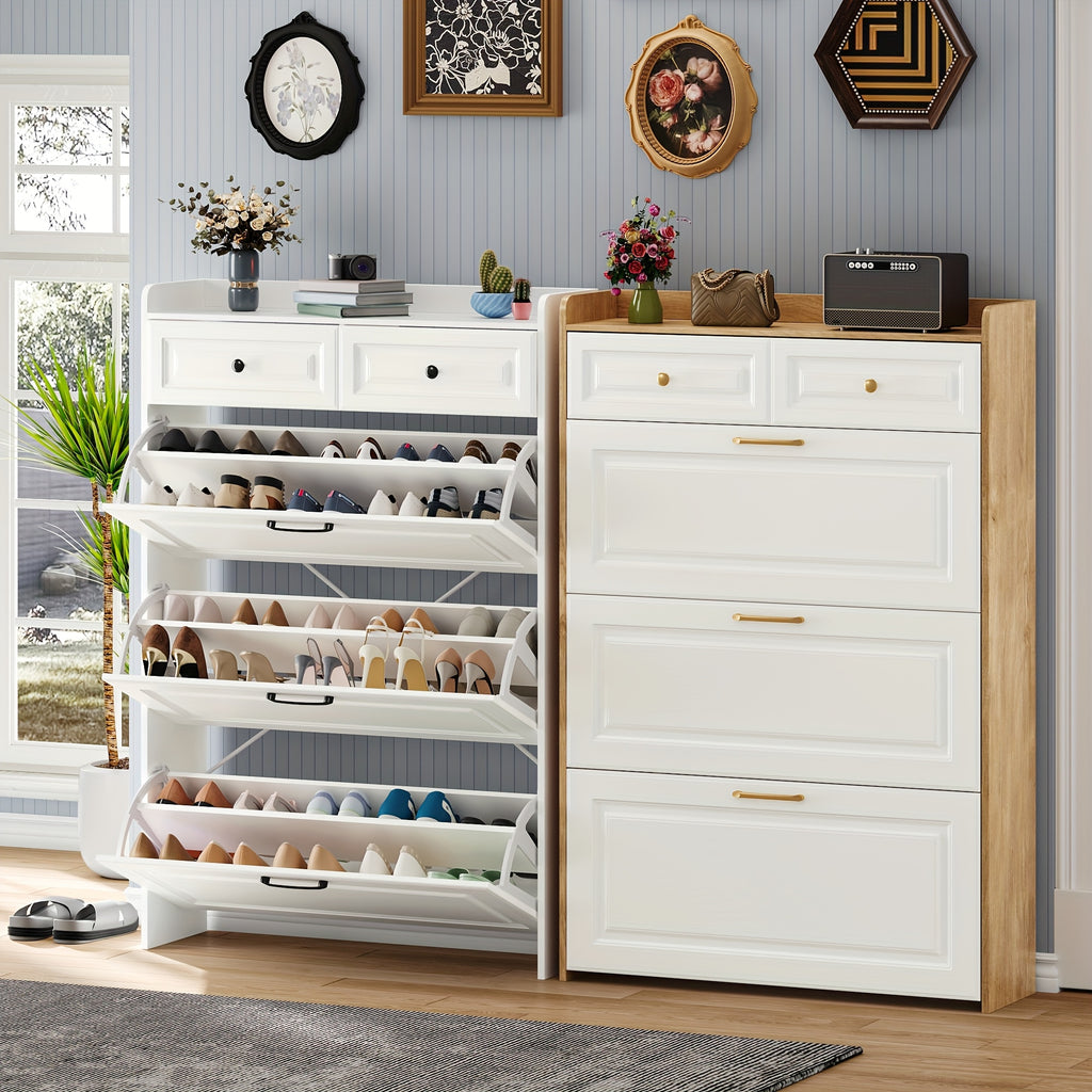 White Farmhouse Tall Shoe Storage Cabinet with 2 Flip-Down Drawers & Hidden Slim Organizer - Freestanding Narrow Shoe Rack with Golden-Toned Hardware, Space-Saving Entryway Organizer, Large Tabletop, Sturdy Hardwood Construction for Hallway, Foyer