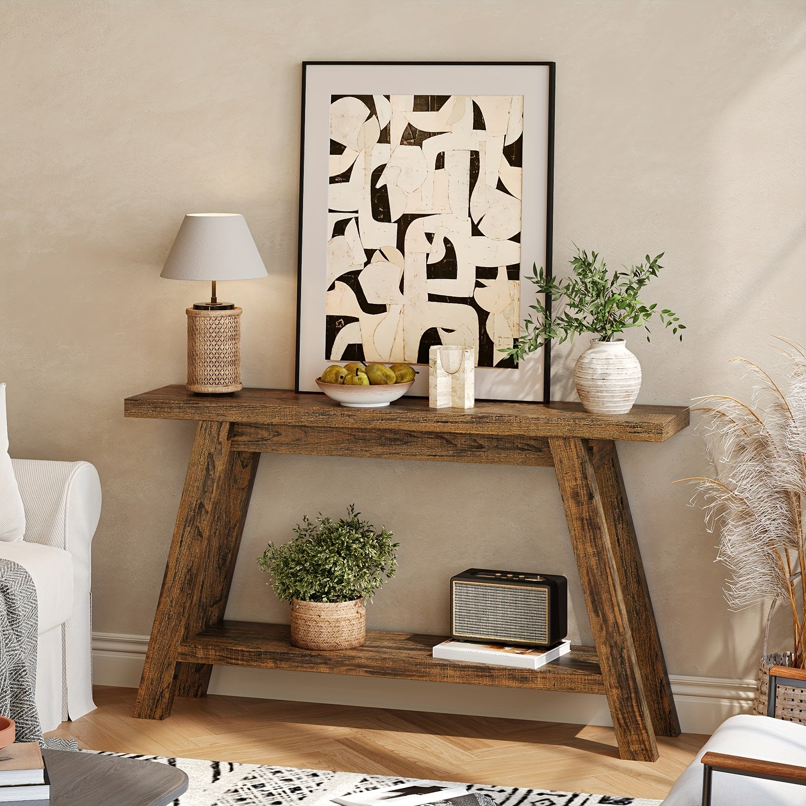 A 55-Inch Minimalist Console Table Designed for Entryways, Featuring a Narrow Rectangular Shape. It Can Serve As a Sofa Table Or TV Stand, Has a Two-Layer Design, Is Easy to Assemble, And Is Ideal for Corridors, Living Rooms, Entrances, And Halls