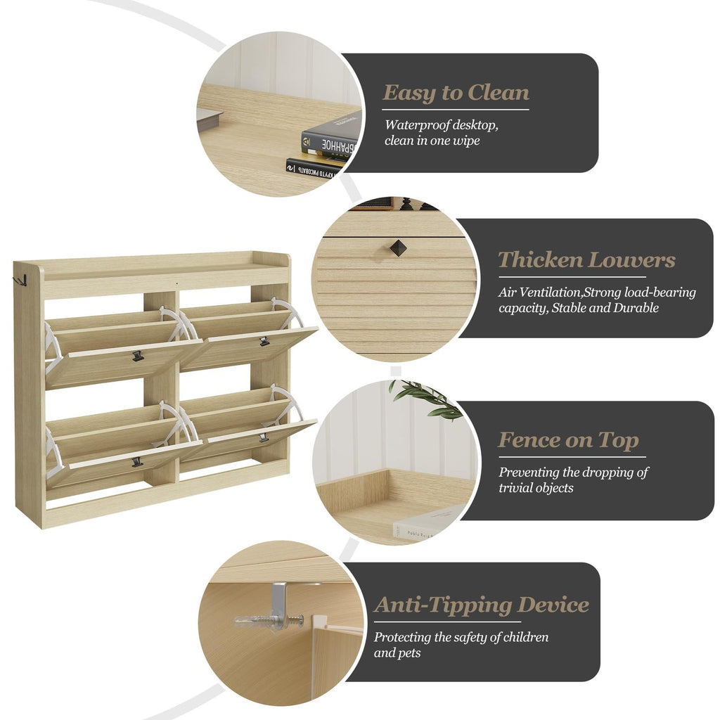 Large Narrow Freestanding Shoe Storage Cabinet with 4-Drawer Vertical Organizer - Modern Space-Saving Shoe Rack Suitable for Entryway, Hallway, Bedroom, Living Room - Assembly, Natural Finish &