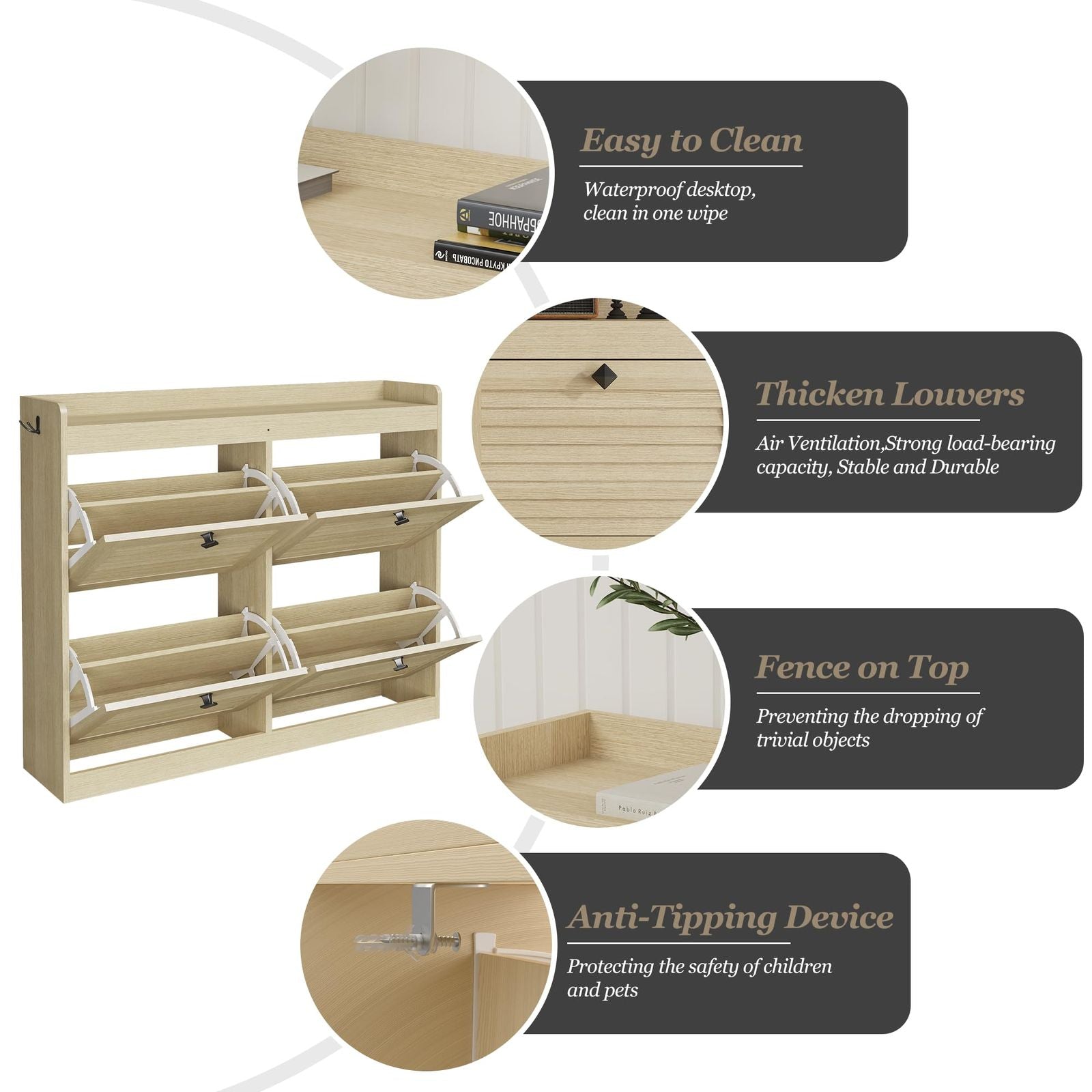 Large Narrow Freestanding Shoe Storage Cabinet with 4-Drawer Vertical Organizer - Modern Space-Saving Shoe Rack Suitable for Entryway, Hallway, Bedroom, Living Room - Assembly, Natural Finish &