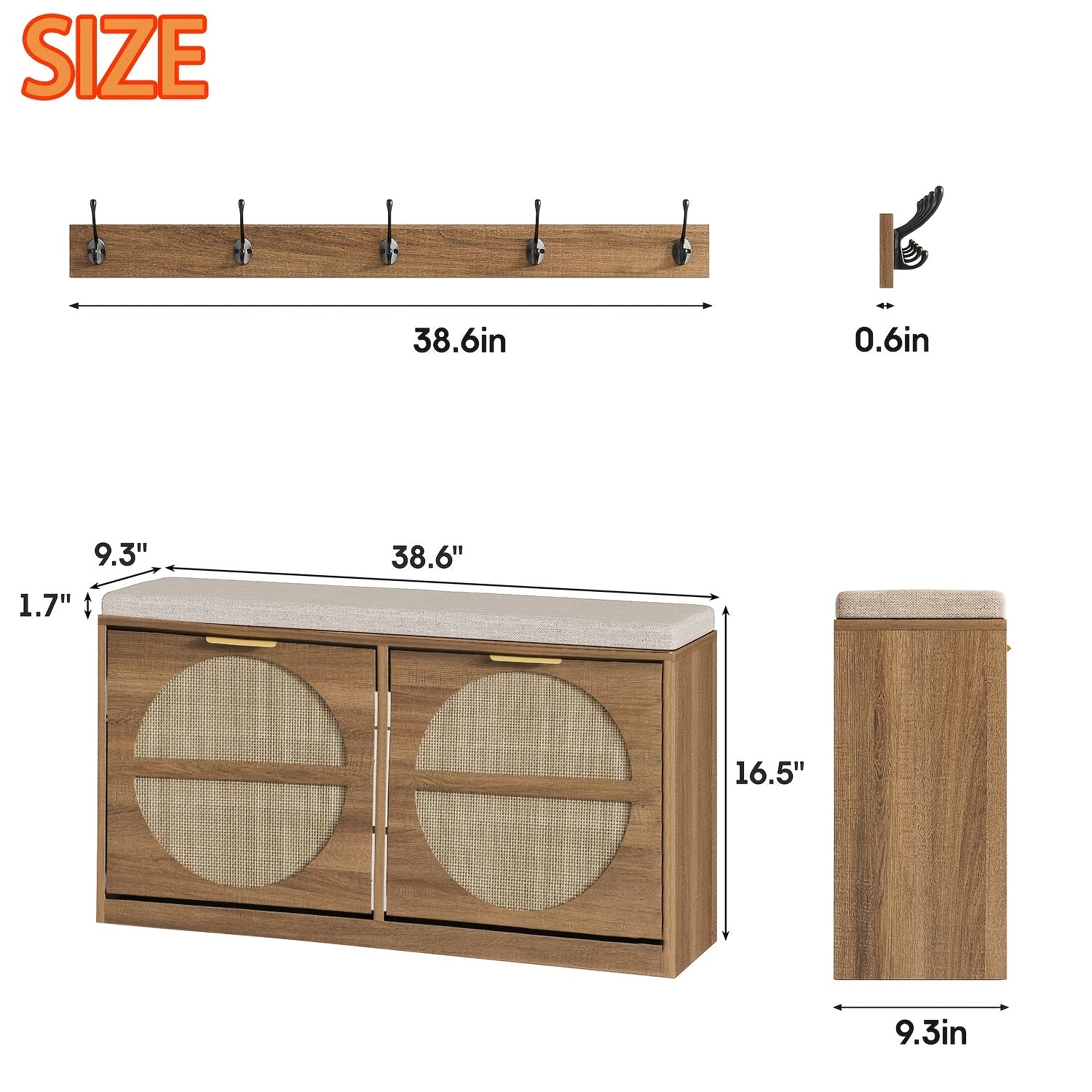 Rustic Rattan Entryway Bench with Cushion & Coat Rack - Narrow Shoe Cabinet Suitable for Hallway, Frame with Flip-Door Storage & 5-Hook Coat Rack, Cushioned, Space-Saving Shoe Organizer for Small Spaces, Entryway Furniture