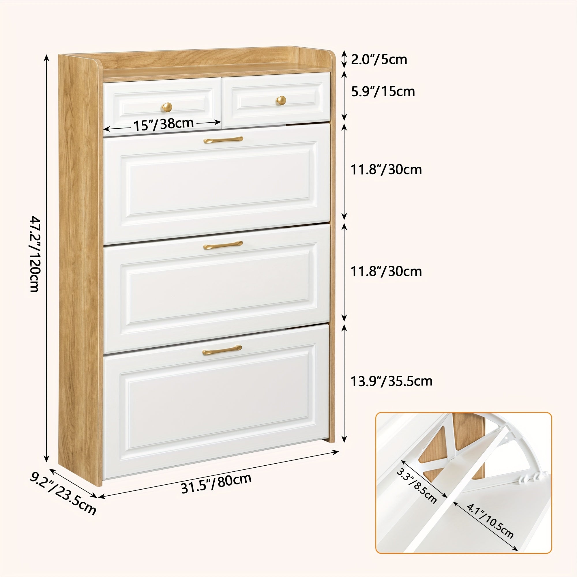White Farmhouse Tall Shoe Storage Cabinet with 2 Flip-Down Drawers & Hidden Slim Organizer - Freestanding Narrow Shoe Rack with Golden-Toned Hardware, Space-Saving Entryway Organizer, Large Tabletop, Sturdy Hardwood Construction for Hallway, Foyer