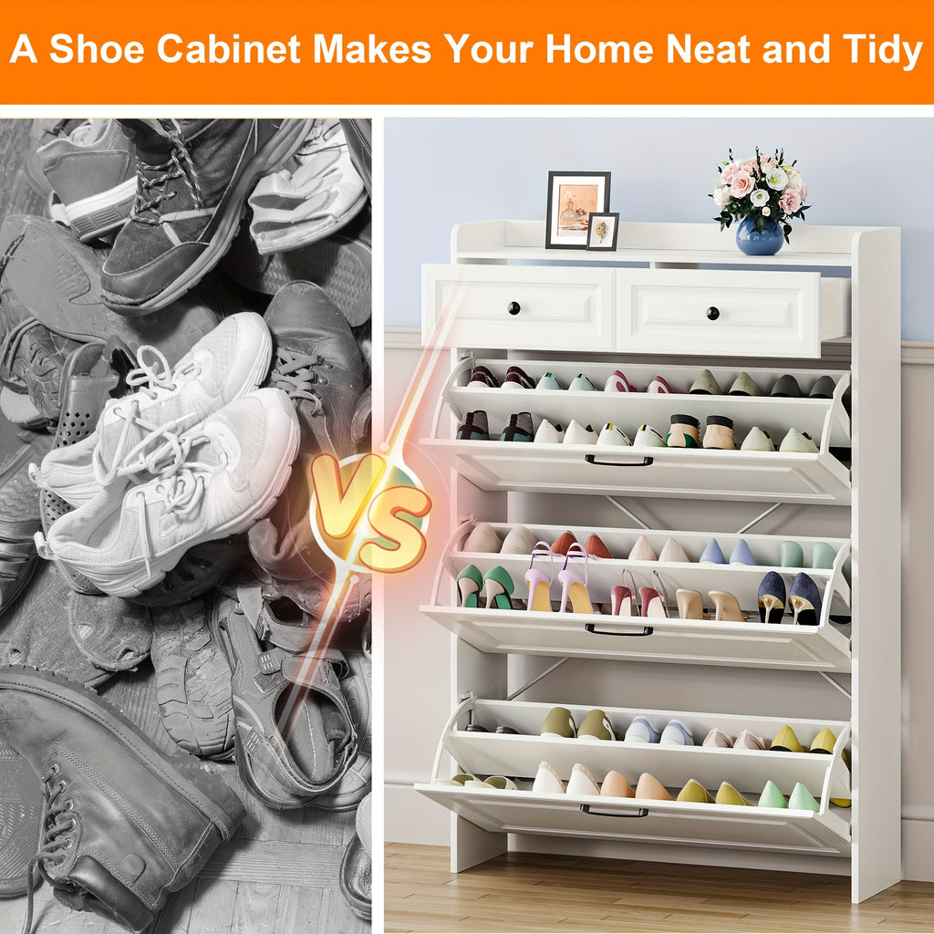 White Farmhouse Tall Shoe Storage Cabinet with 2 Flip-Down Drawers & Hidden Slim Organizer - Freestanding Narrow Shoe Rack with Golden-Toned Hardware, Space-Saving Entryway Organizer, Large Tabletop, Sturdy Hardwood Construction for Hallway, Foyer