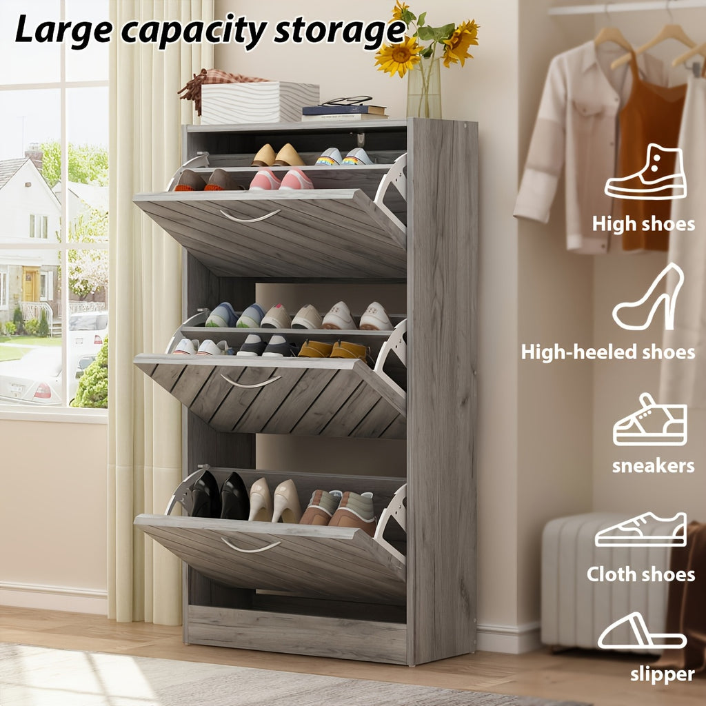 Modern Shoe Cabinet Organizer with 3 Flip-Up Drawers & Louver Doors - Heavy-Duty Shoe Storage for Entryway, Living Room, Hallway - Holds 18-Pairs (Space-Saving Design, Compact footprint under 27\