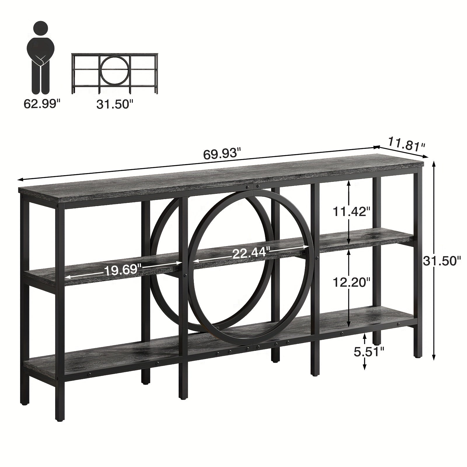 Console Table With Storage, 66.9 Inch Sofa Tables Narrow Long With 3 Tier Wood Storage Shelves Industrial Metal Frame Console Table For Entryway, Hallway, Living Room (Vintage Brown+Black)