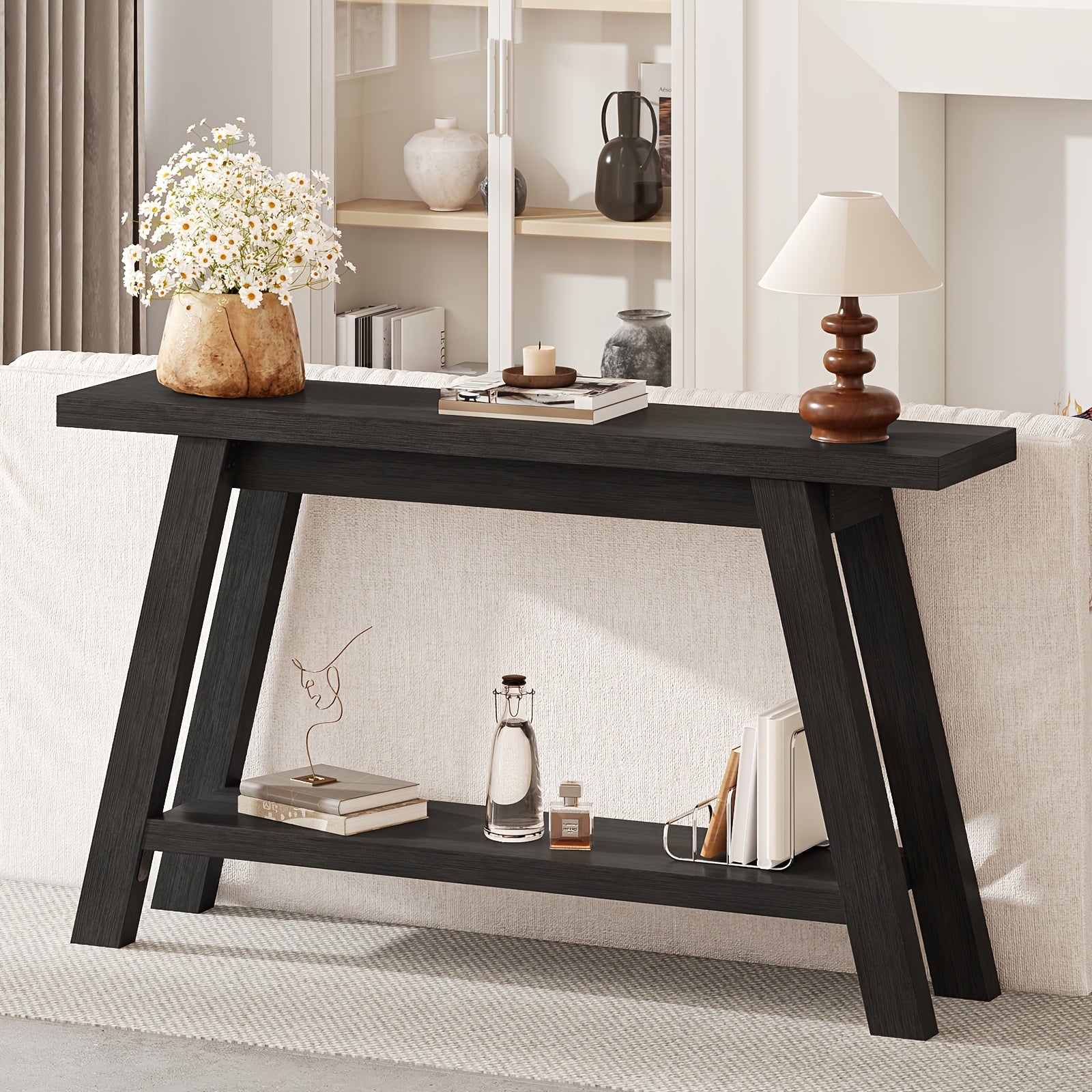 A 55-Inch Minimalist Console Table Designed for Entryways, Featuring a Narrow Rectangular Shape. It Can Serve As a Sofa Table Or TV Stand, Has a Two-Layer Design, Is Easy to Assemble, And Is Ideal for Corridors, Living Rooms, Entrances, And Halls