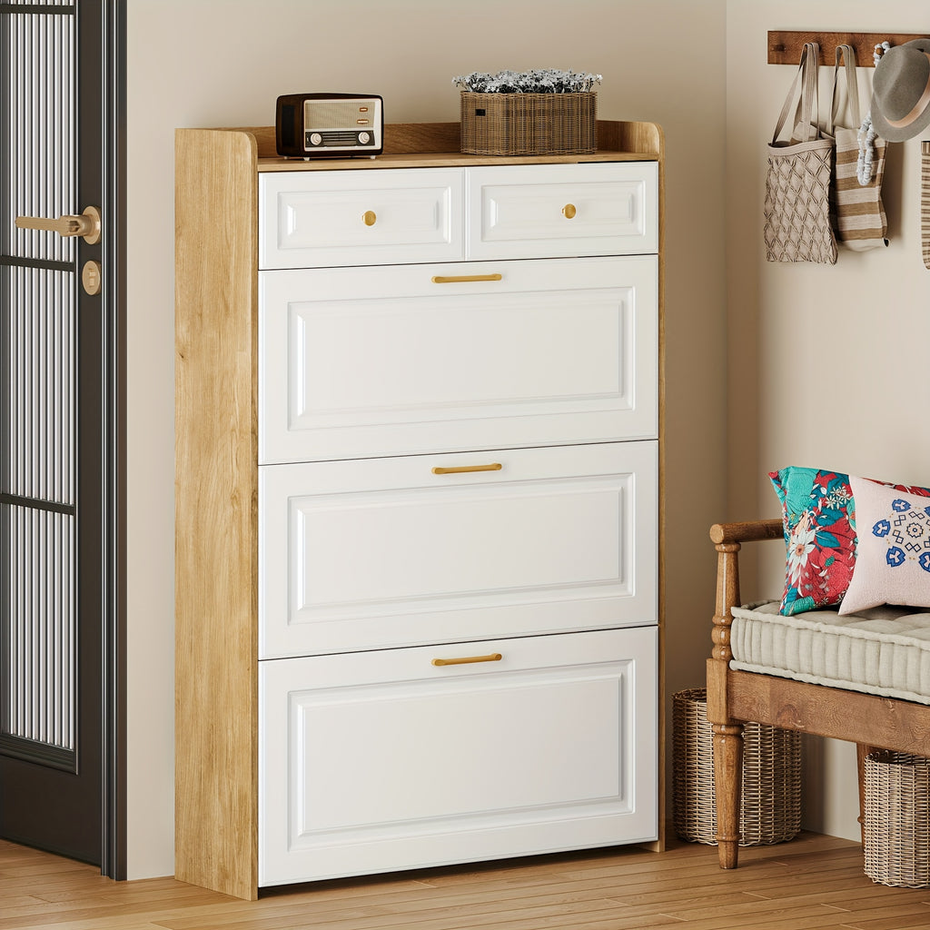 White Farmhouse Tall Shoe Storage Cabinet with 2 Flip-Down Drawers & Hidden Slim Organizer - Freestanding Narrow Shoe Rack with Golden-Toned Hardware, Space-Saving Entryway Organizer, Large Tabletop, Sturdy Hardwood Construction for Hallway, Foyer