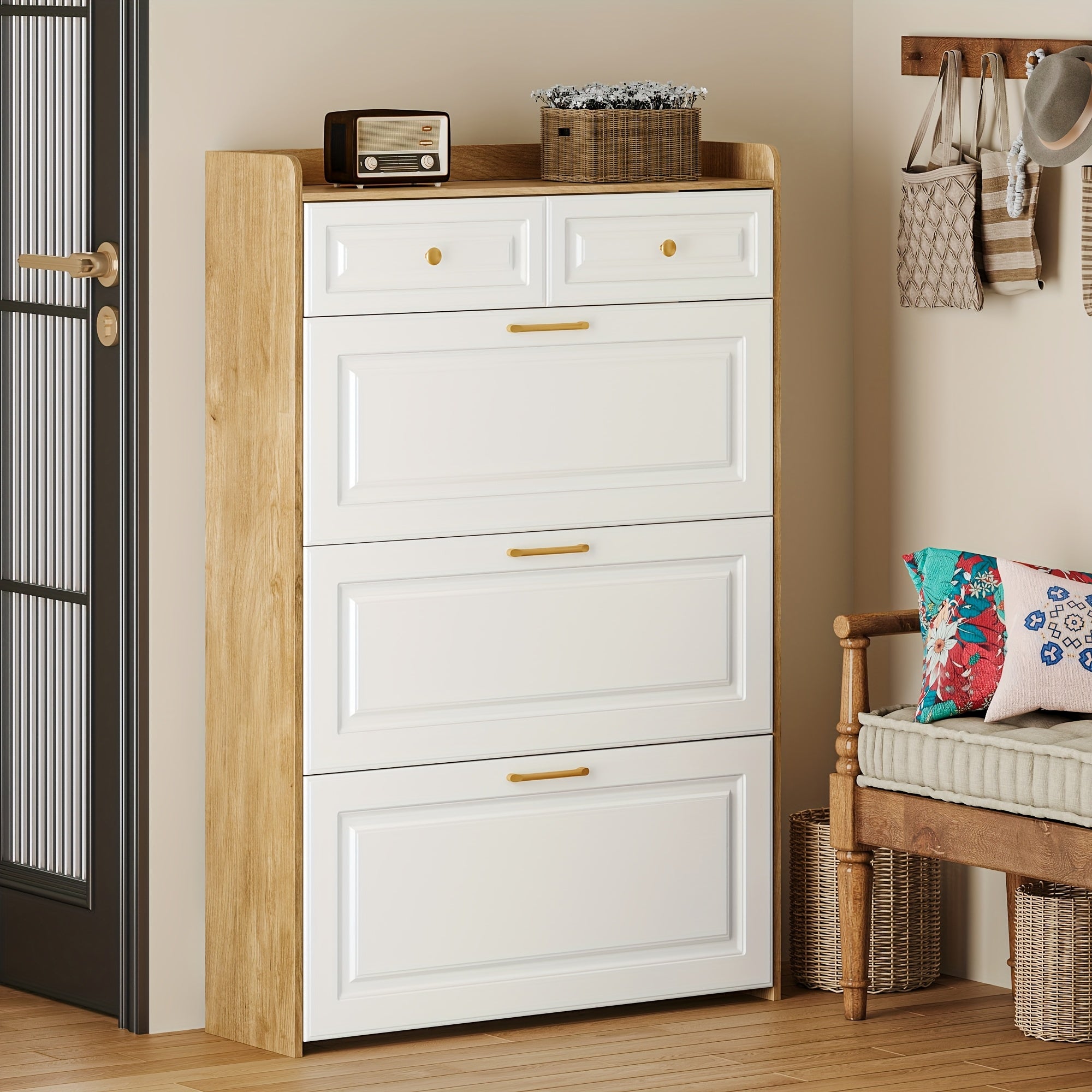 White Farmhouse Tall Shoe Storage Cabinet with 2 Flip-Down Drawers & Hidden Slim Organizer - Freestanding Narrow Shoe Rack with Golden-Toned Hardware, Space-Saving Entryway Organizer, Large Tabletop, Sturdy Hardwood Construction for Hallway, Foyer