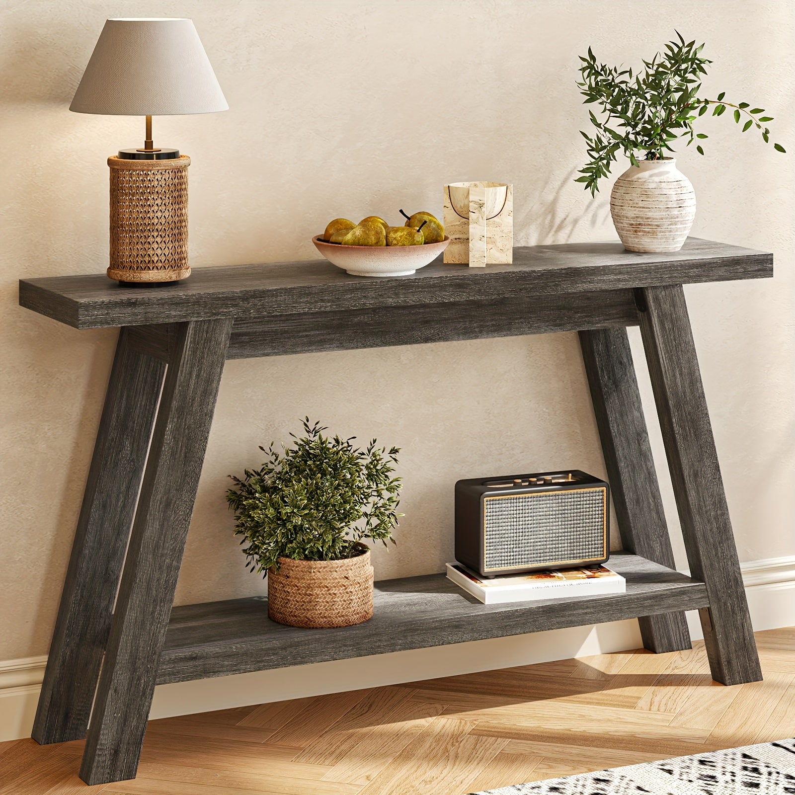 55-inch Farmhouse Entryway Table Solid Wood 2-level Narrow Sofa Table For The Living Room Dining Hallway, Perfect For The Country Entrance Table In The Living Room