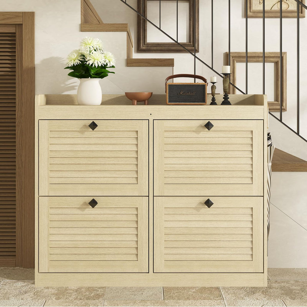 Large Narrow Freestanding Shoe Storage Cabinet with 4-Drawer Vertical Organizer - Modern Space-Saving Shoe Rack Suitable for Entryway, Hallway, Bedroom, Living Room - Assembly, Natural Finish &