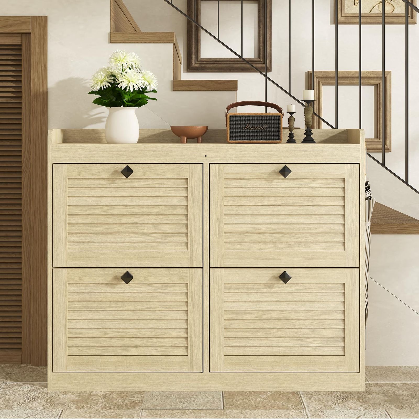 Large Narrow Freestanding Shoe Storage Cabinet with 4-Drawer Vertical Organizer - Modern Space-Saving Shoe Rack Suitable for Entryway, Hallway, Bedroom, Living Room - Assembly, Natural Finish &