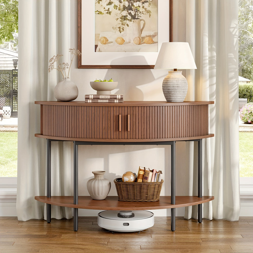 Half Fluted Console Table | Mid-Century Modern Style, Entryway Table with Storage, Behind Couch Table, Suitable for Entryway, Hallway, Living Room, Small Spaces, Walnut\u002FBlack, Made of Hardwood by PAZCASA