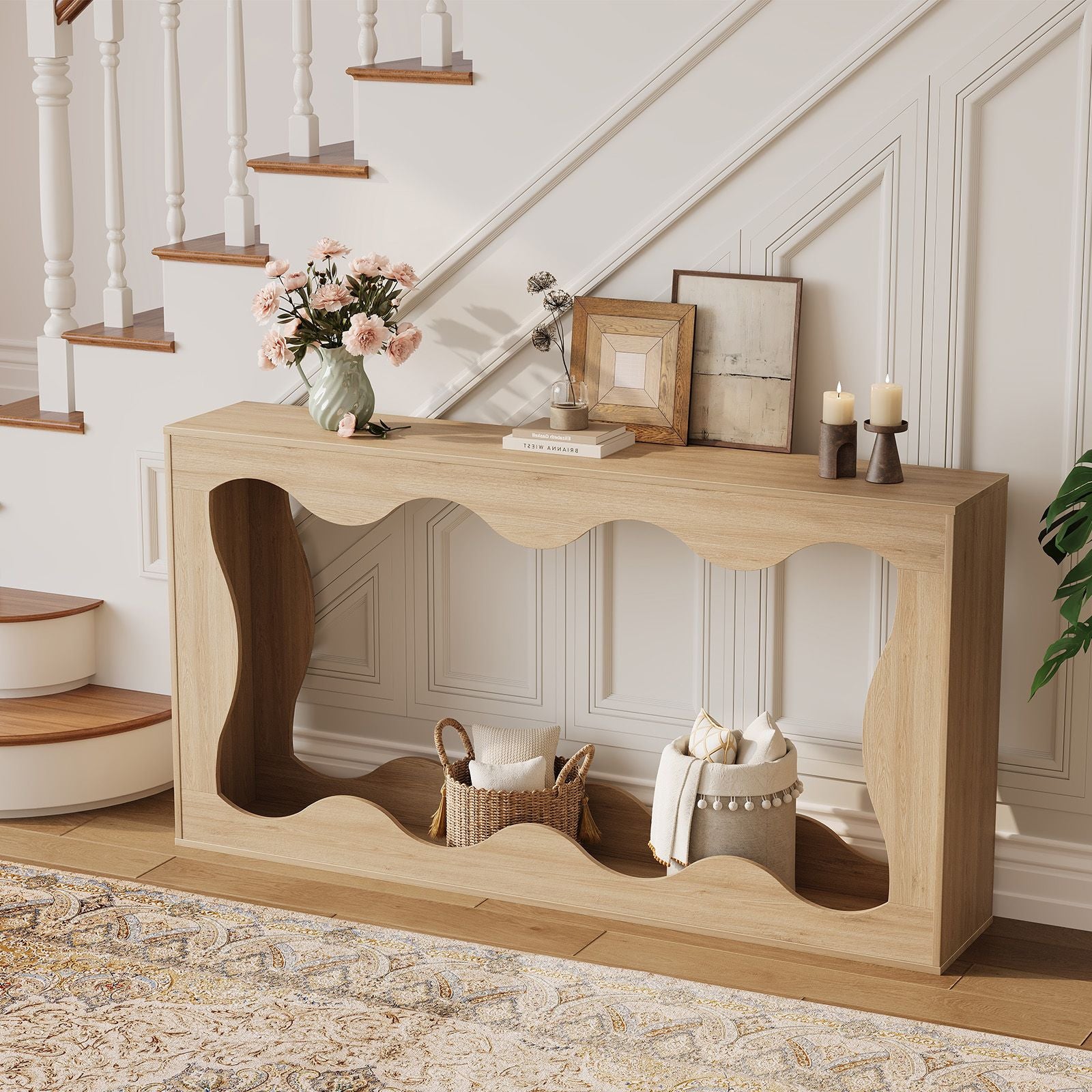 Wave-Shaped Entryway Console Table - Curved Hallway Table with Durable Particleboard, Assembly, Space-Saving Modern or Traditional for Narrow Halls, Apartments & Homes - Multifunctional Console Desk (No Wood)