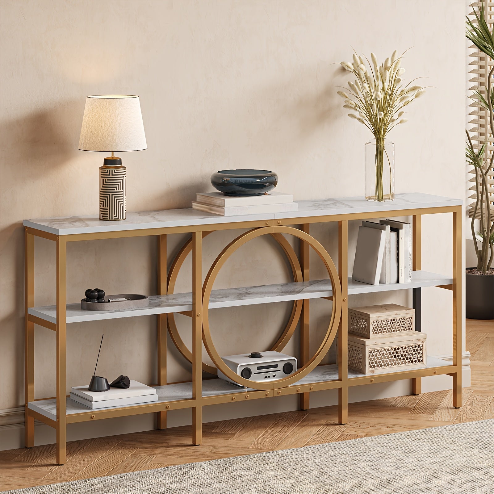 Console Table With Storage, 66.9 Inch Sofa Tables Narrow Long With 3 Tier Wood Storage Shelves Industrial Metal Frame Console Table For Entryway, Hallway, Living Room (Vintage Brown+Black)