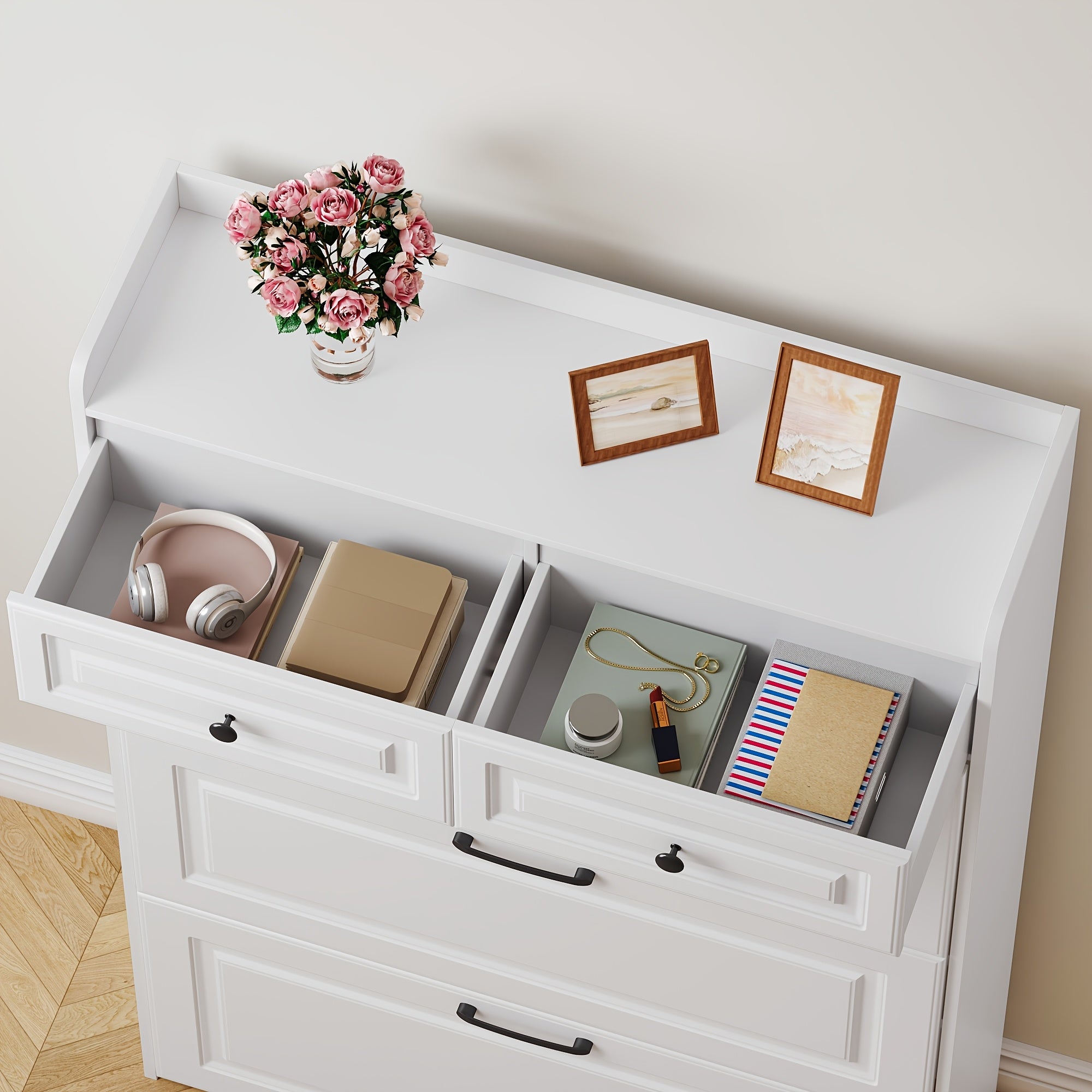 White Farmhouse Tall Shoe Storage Cabinet with 2 Flip-Down Drawers & Hidden Slim Organizer - Freestanding Narrow Shoe Rack with Golden-Toned Hardware, Space-Saving Entryway Organizer, Large Tabletop, Sturdy Hardwood Construction for Hallway, Foyer