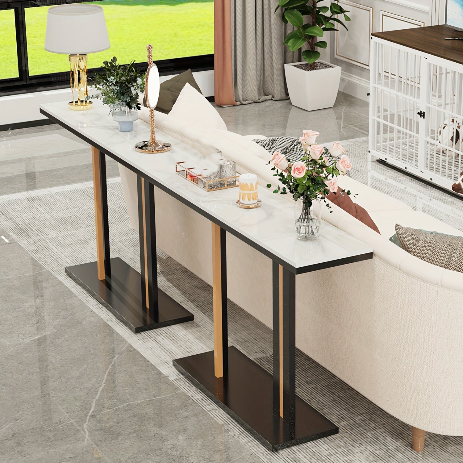 AESOME Modern Luxury Console Table with Snow Mountain White -Look Sintered Stone Top & Black\u002FGolden Metal Pedestal - Entryway Table for Hallway,, Sofa Side - Assembly, Scratch-Resistant, -