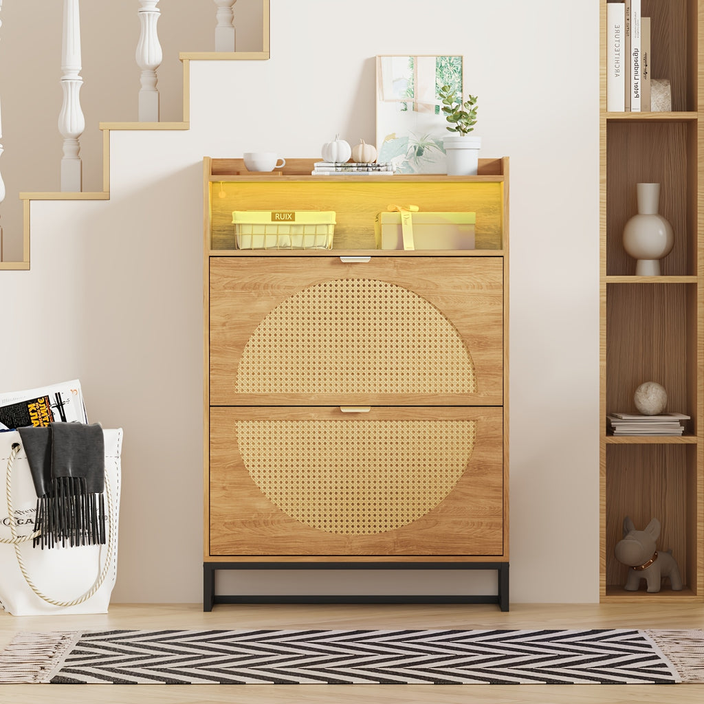 Rattan Shoe Storage Cabinet with 2 Flip Drawers | Freestanding, Sensor Light, Hidden Golden Handles, Narrow, Entryway, Metal Legs, Rustic Oak Style - LSHUIZHU