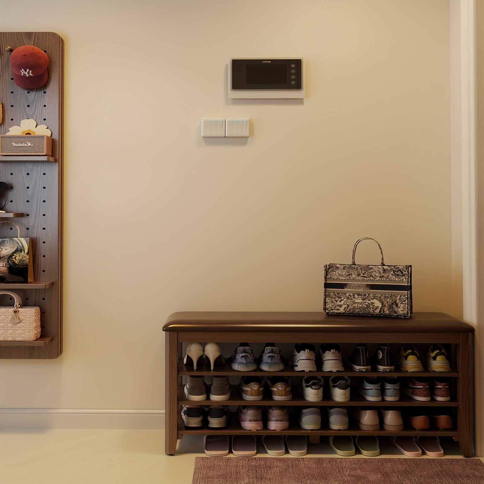 Three-tier Shoe Cabinet With Cushion Adjustable Height Solid Wood Shoe Rack Storage Cabinet Free Delivery Home Furnishings Foyer Furniture Limited Time Offer Walnut White Black, Christmas Gifts, Black Fridays Items, Free Shipping