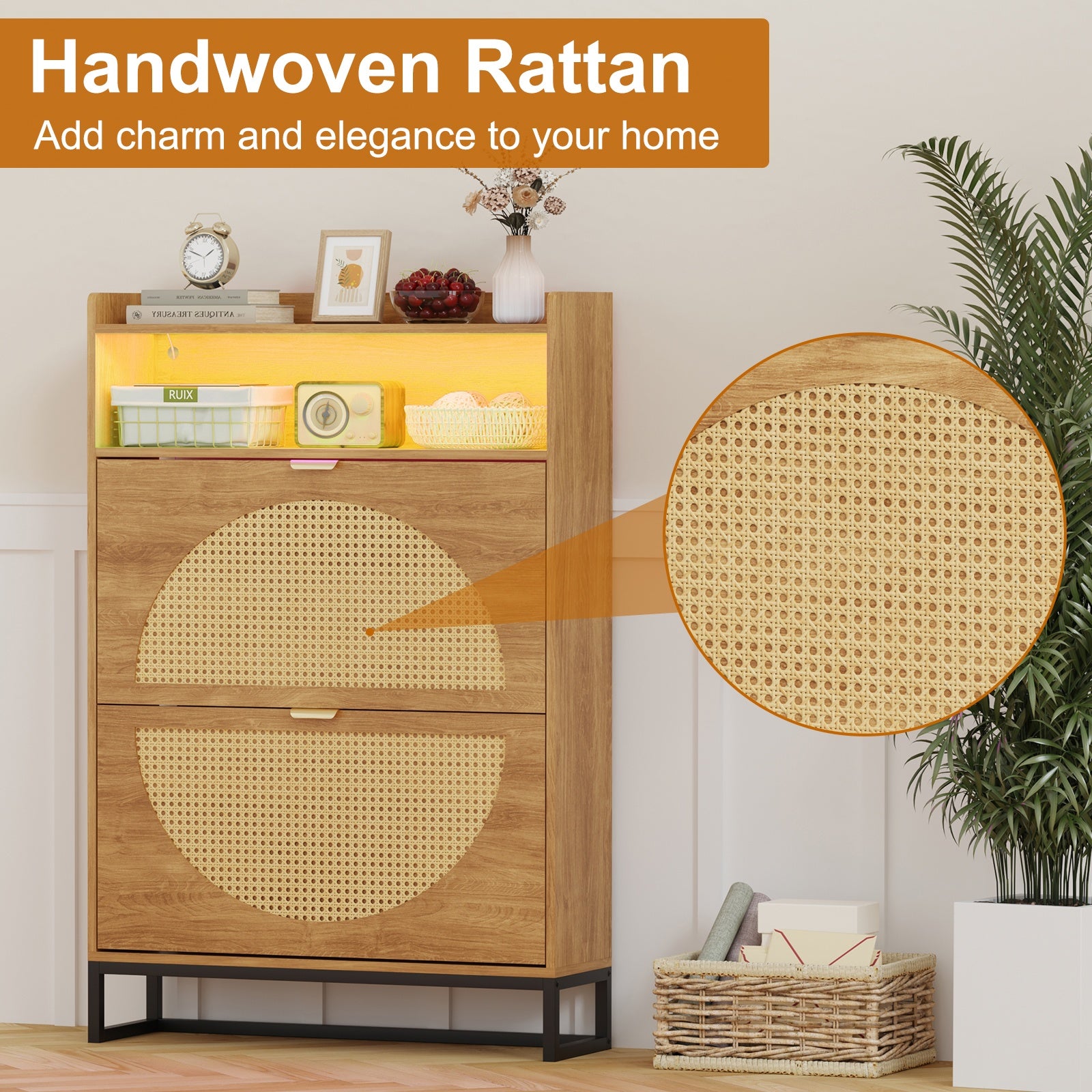 Rattan Shoe Storage Cabinet with 2 Flip Drawers | Freestanding, Sensor Light, Hidden Golden Handles, Narrow, Entryway, Metal Legs, Rustic Oak Style - LSHUIZHU