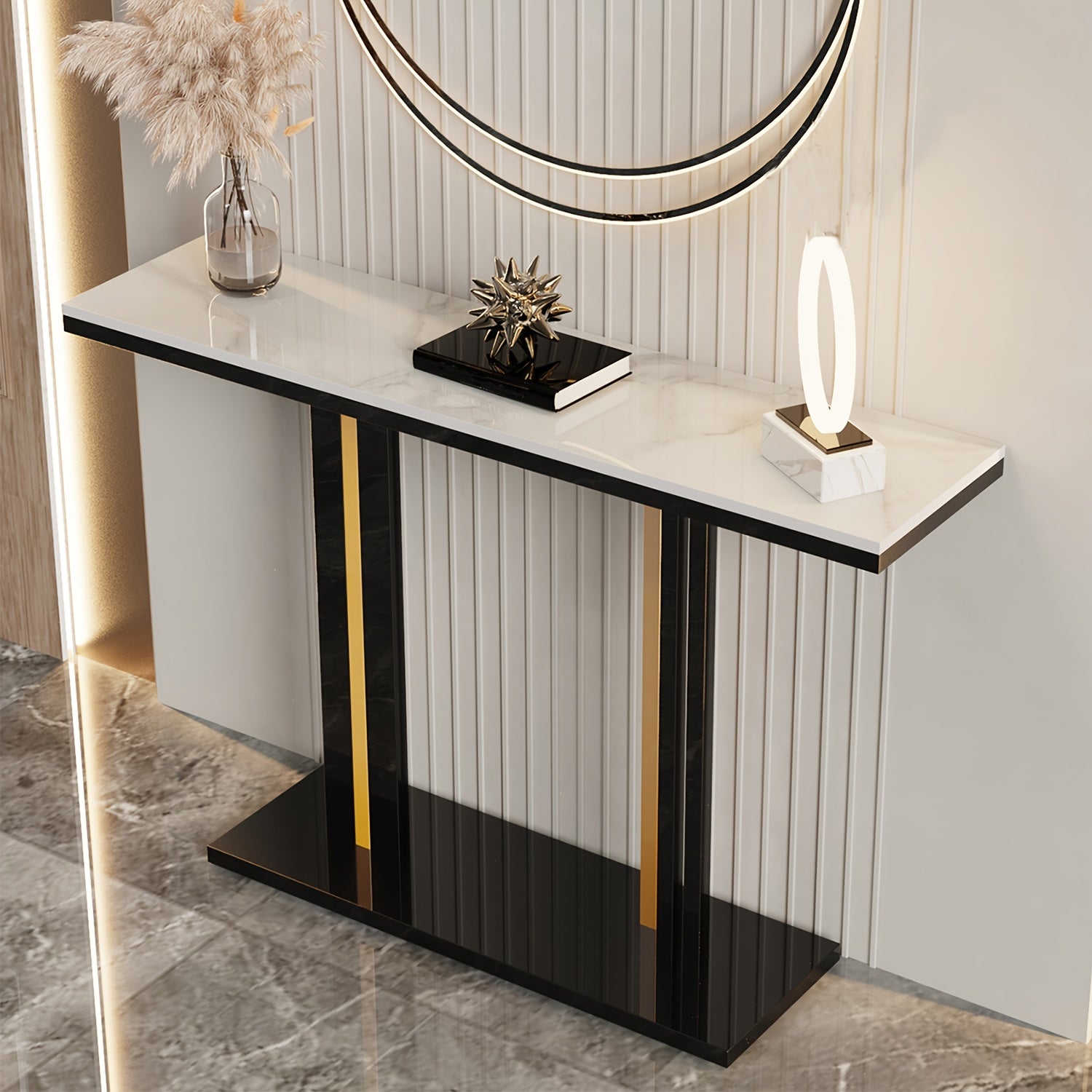 AESOME Modern Luxury Console Table with Snow Mountain White -Look Sintered Stone Top & Black\u002FGolden Metal Pedestal - Entryway Table for Hallway,, Sofa Side - Assembly, Scratch-Resistant, -