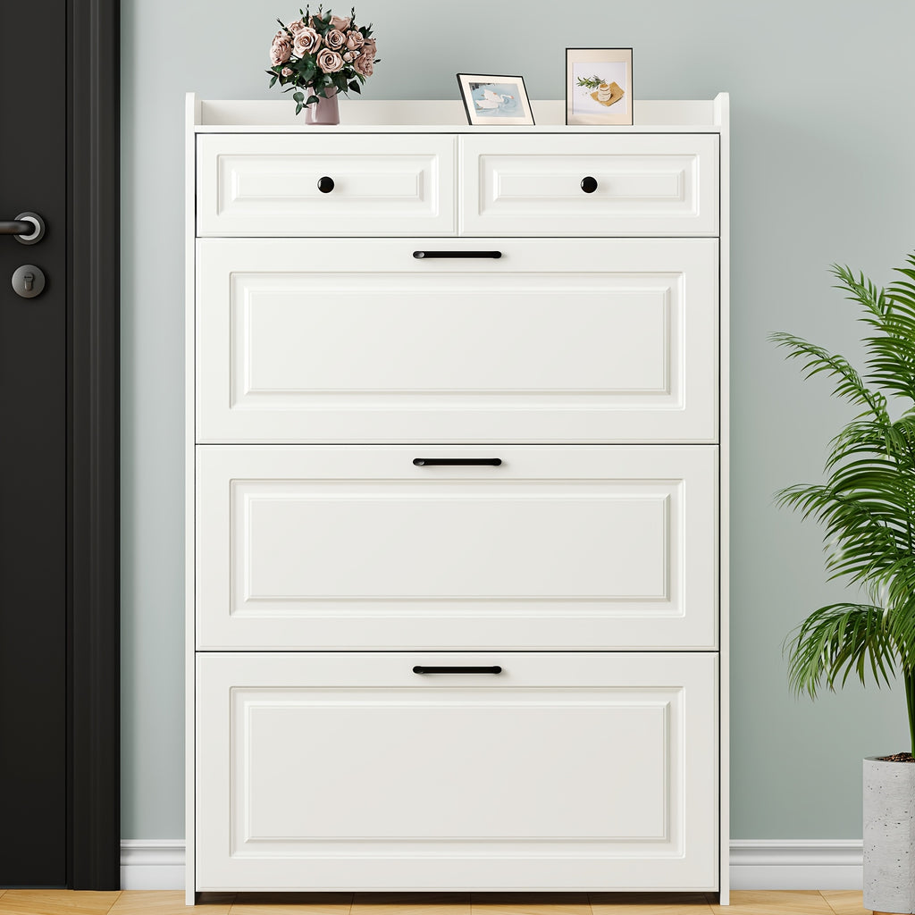 White Farmhouse Tall Shoe Storage Cabinet with 2 Flip-Down Drawers & Hidden Slim Organizer - Freestanding Narrow Shoe Rack with Golden-Toned Hardware, Space-Saving Entryway Organizer, Large Tabletop, Sturdy Hardwood Construction for Hallway, Foyer