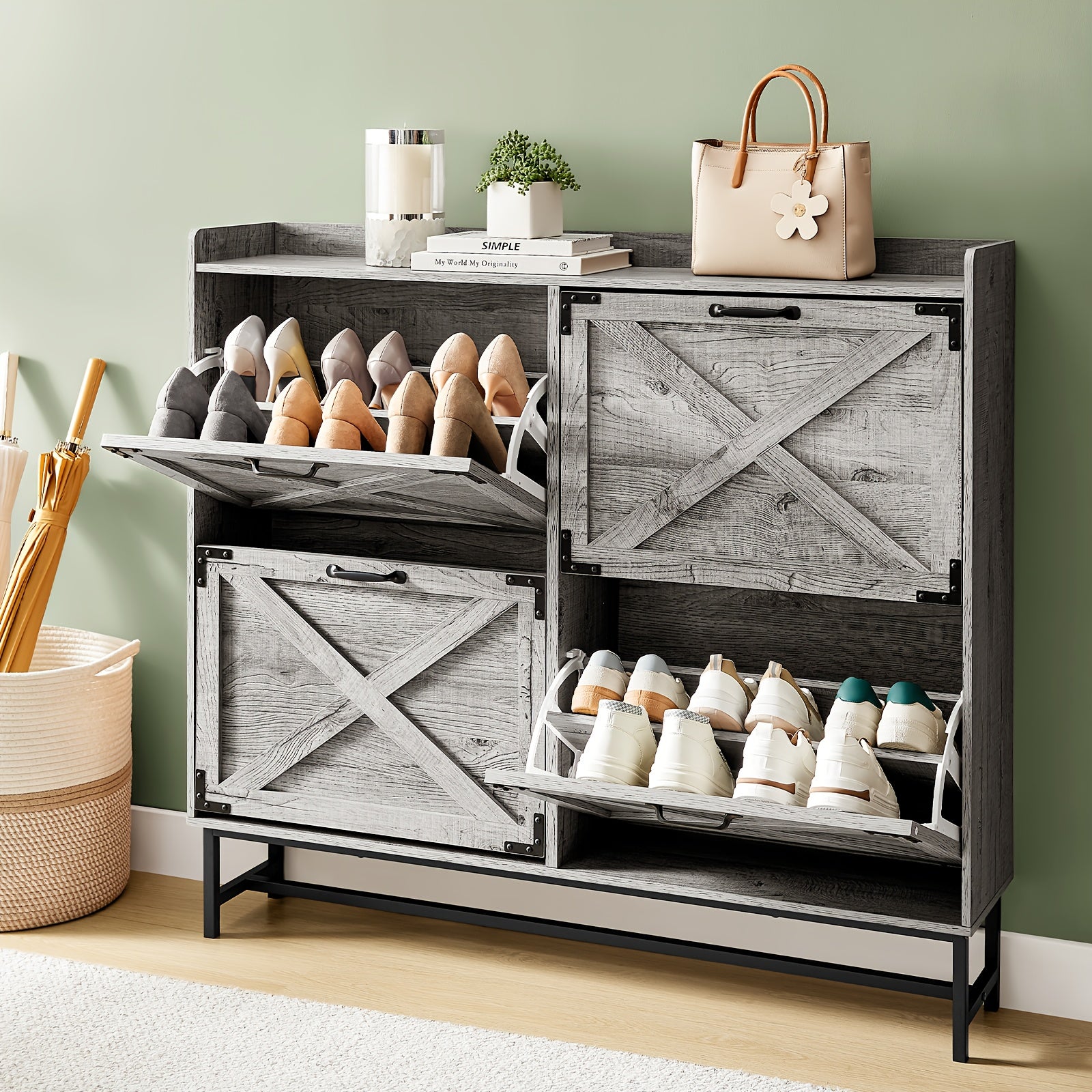 Shoe Storage, Shoe Racks, Shoe Storage Organizer, Cabinet with Doors, Compact Shoe Organizer with 2 Flip Drawers, for Entryway\u002FPorch\u002FLiving Room, Multiple Detachable Sturdy Racks, Perfect Holiday Gift for Home Organization