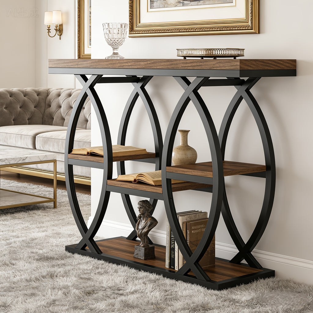 Walnut- Multi-Tier Entryway Table with Metal Frame - Space-Saving Modern Farmhouse Hall Table, Engineered Wood Top & Walnut Base, Easy Assembly, 27\