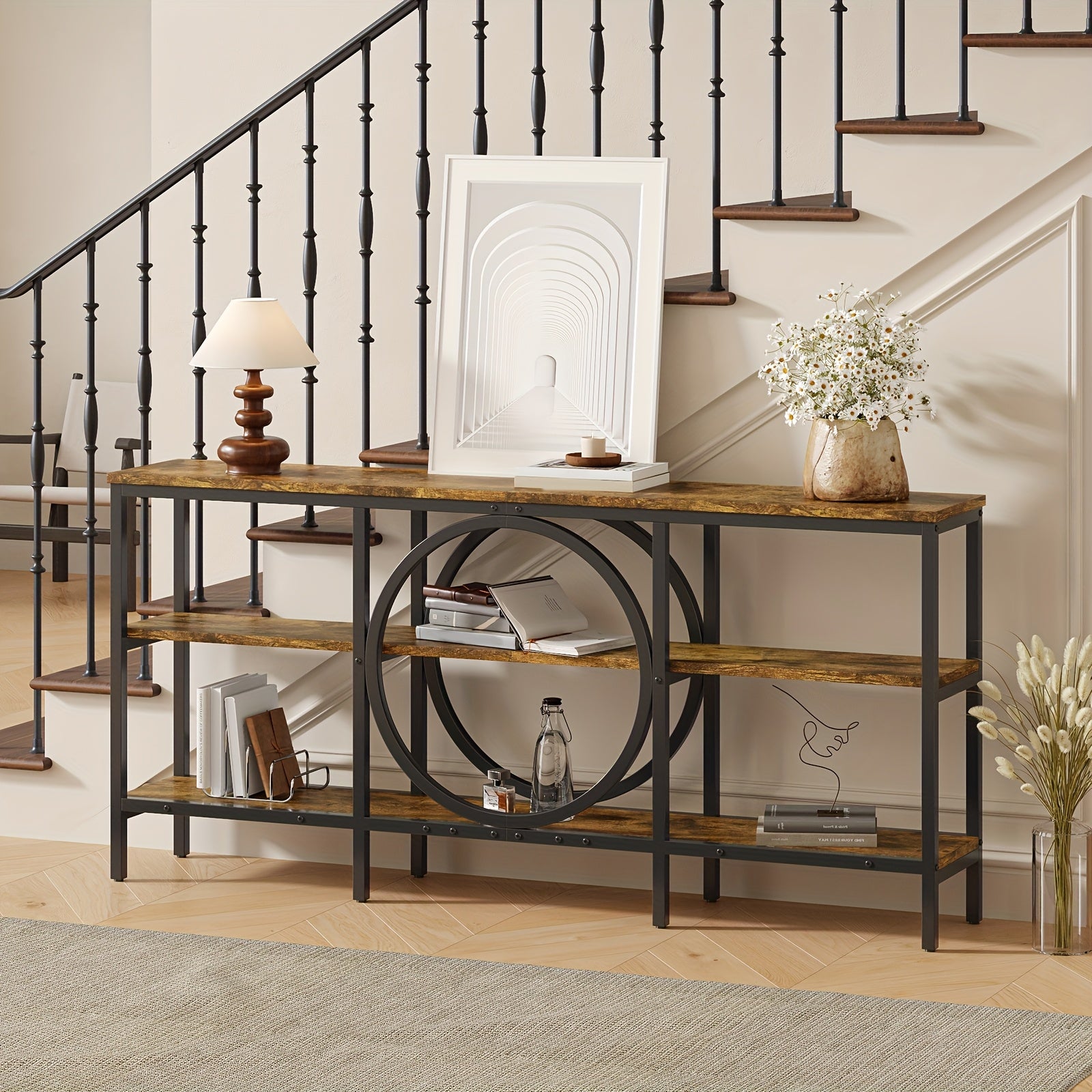 Console Table With Storage, 66.9 Inch Sofa Tables Narrow Long With 3 Tier Wood Storage Shelves Industrial Metal Frame Console Table For Entryway, Hallway, Living Room (Vintage Brown+Black)