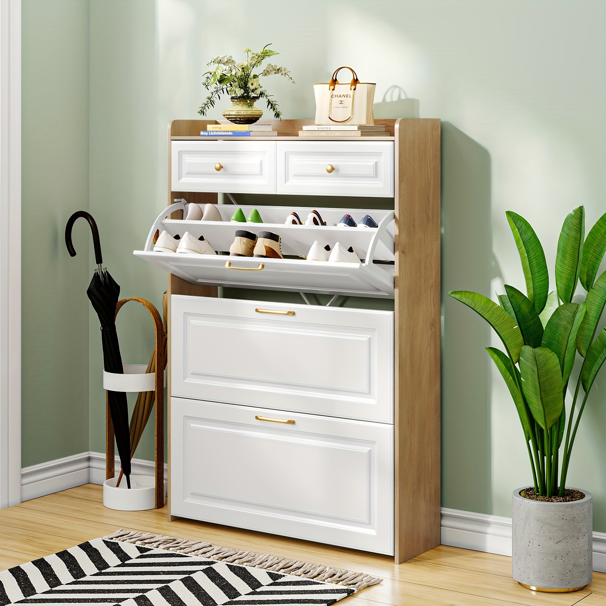 White Farmhouse Tall Shoe Storage Cabinet with 2 Flip-Down Drawers & Hidden Slim Organizer - Freestanding Narrow Shoe Rack with Golden-Toned Hardware, Space-Saving Entryway Organizer, Large Tabletop, Sturdy Hardwood Construction for Hallway, Foyer