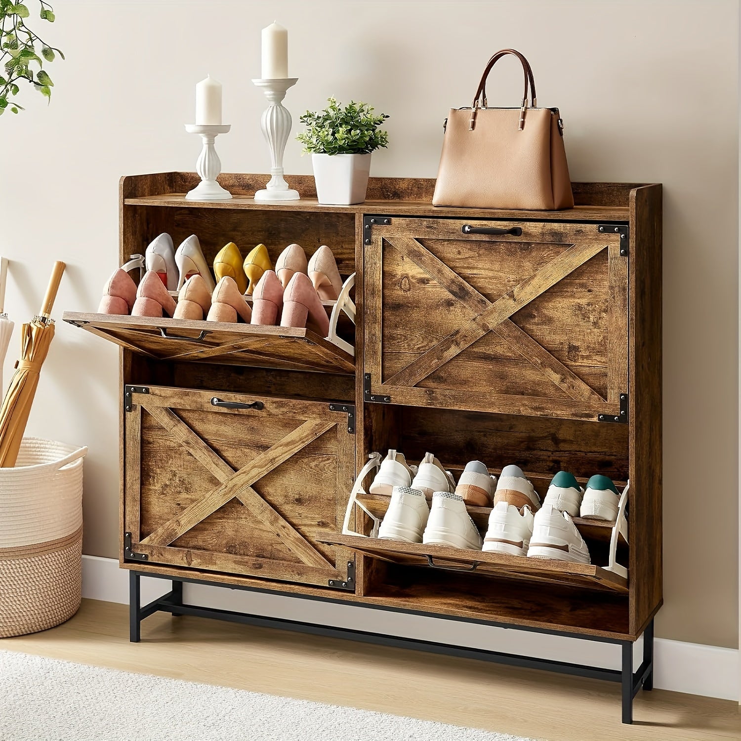 Shoe Storage, Shoe Racks, Shoe Storage Organizer, Cabinet with Doors, Compact Shoe Organizer with 2 Flip Drawers, for Entryway\u002FPorch\u002FLiving Room, Multiple Detachable Sturdy Racks, Perfect Holiday Gift for Home Organization