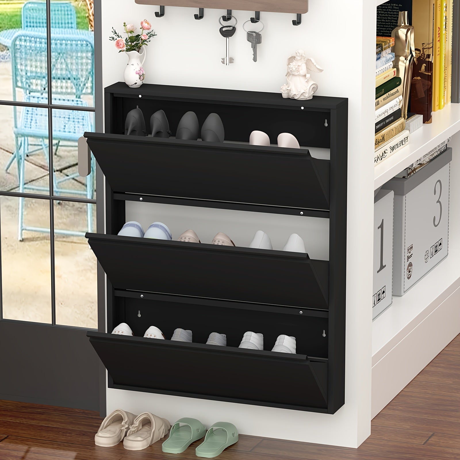 Wall-Mounted Shoe Cabinet with Flip-Door Drawers - Heavy-Duty Metal Shoe Storage Suitable for Entryway, Narrow Space-Saving Shoe Rack Organizer with Flip Doors, Assembly (No Wood Parts)