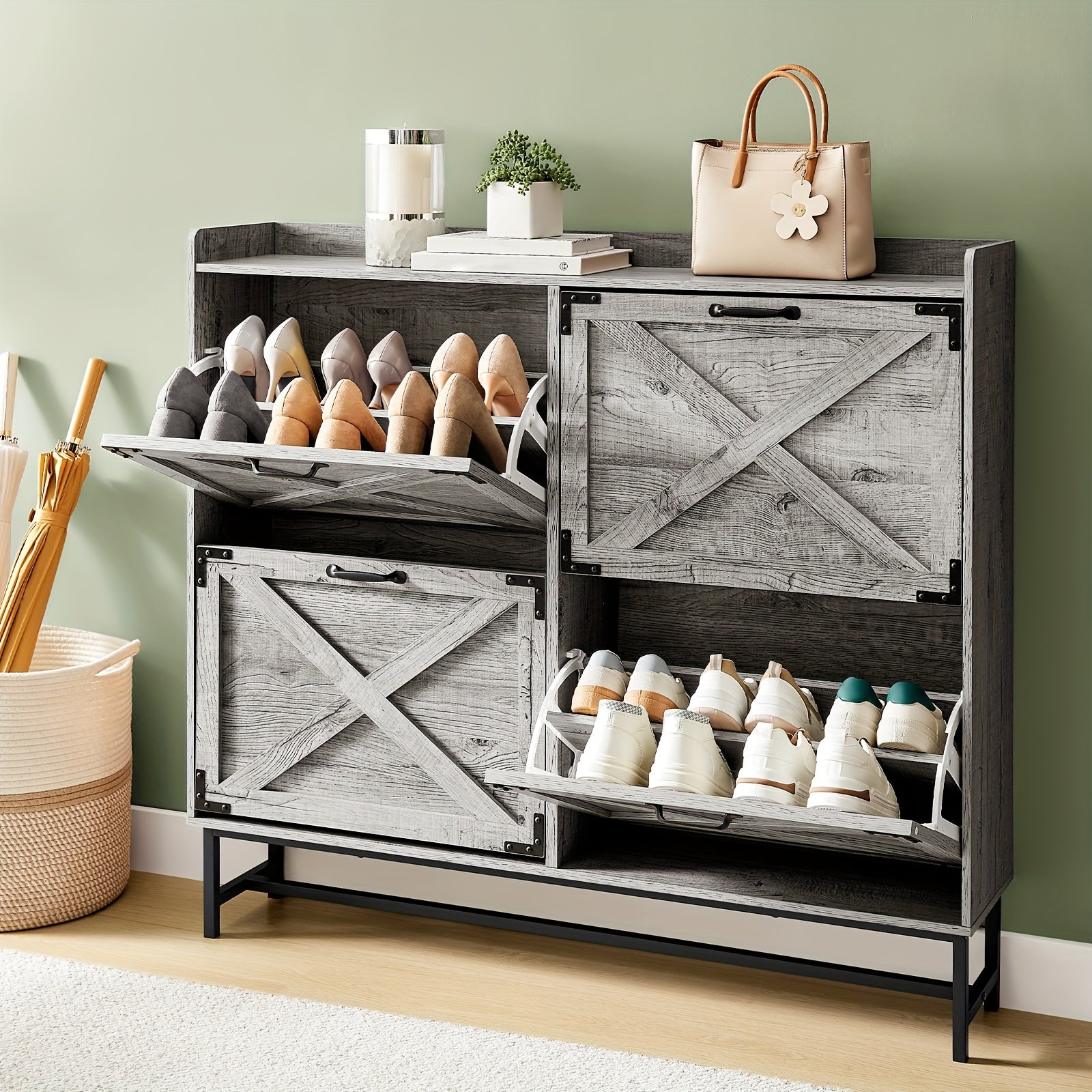 Shoe Storage, Shoe Racks, Shoe Storage Organizer, Cabinet with Doors, Compact Shoe Organizer with 2 Flip Drawers, for Entryway\u002FPorch\u002FLiving Room, Multiple Detachable Sturdy Racks, Perfect Holiday Gift for Home Organization