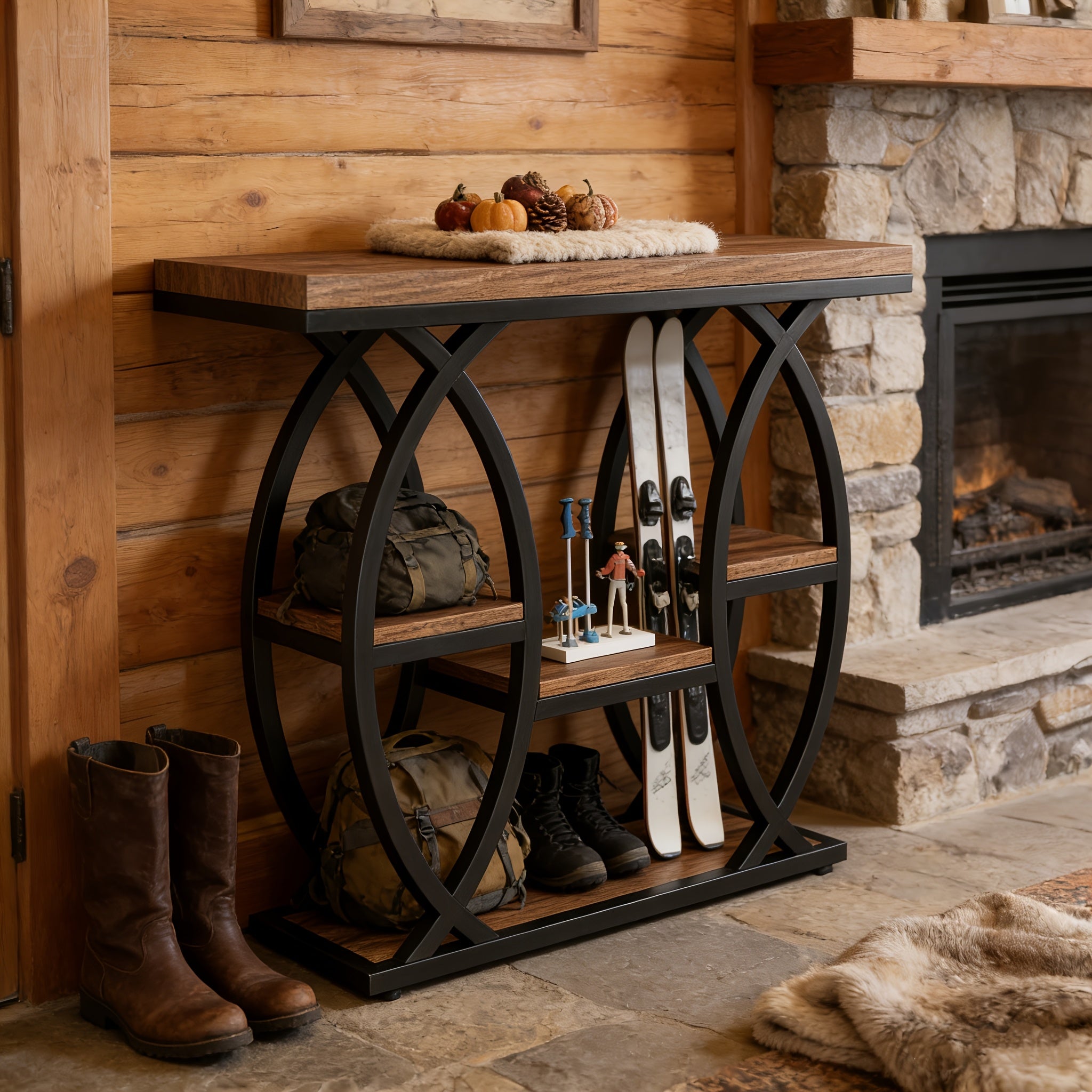 Walnut- Multi-Tier Entryway Table with Metal Frame - Space-Saving Modern Farmhouse Hall Table, Engineered Wood Top & Walnut Base, Easy Assembly, 27\