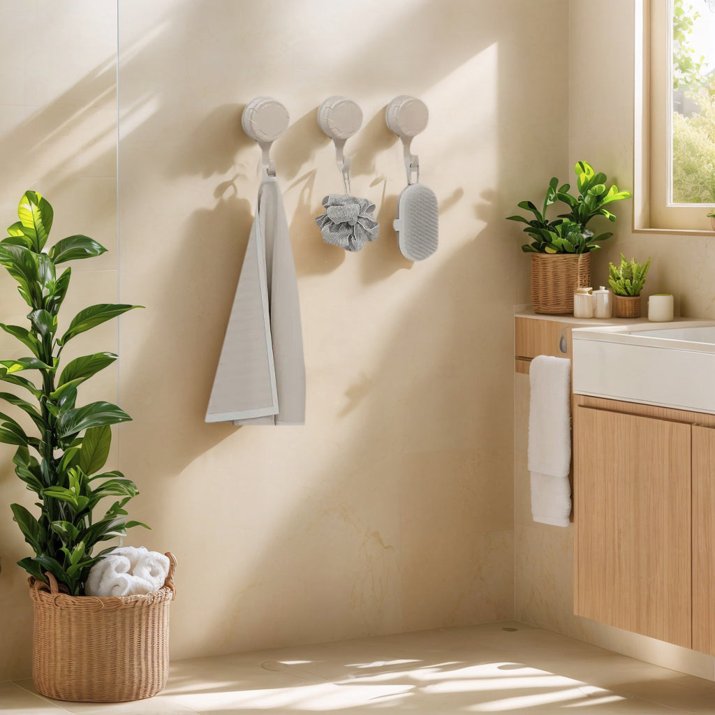 3 Non Punching Suction Cup Hooks - Strong Vacuum Self-adhesive Wall Hooks, White And Gray - Durable Plastic Towel Rack Suitable for Kitchen, Bathroom, And Toilet - Non Damaging And Reusable Practical Hooks, Multifunctional Hooks, Utility Hooks