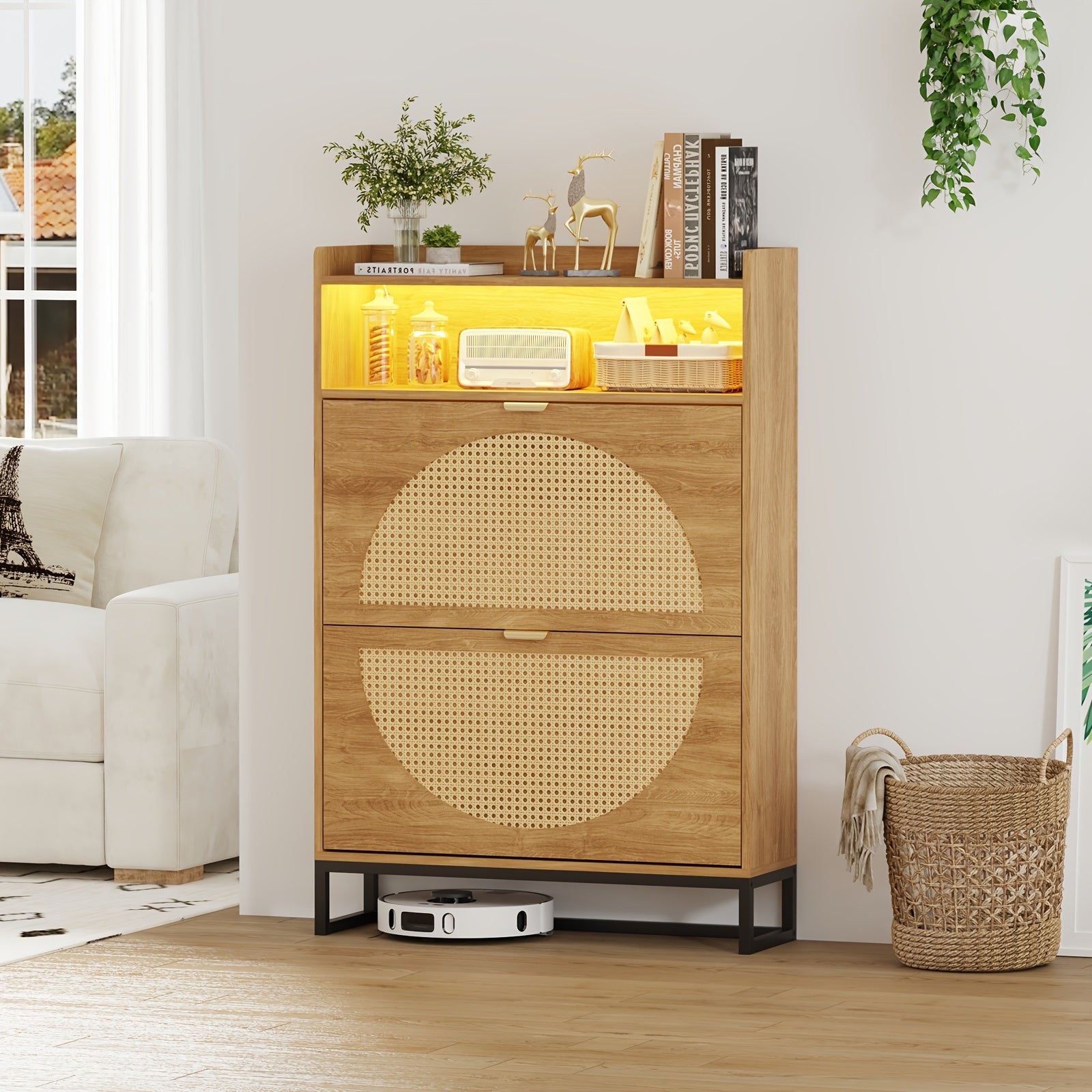 Rattan Shoe Storage Cabinet with 2 Flip Drawers | Freestanding, Sensor Light, Hidden Golden Handles, Narrow, Entryway, Metal Legs, Rustic Oak Style - LSHUIZHU