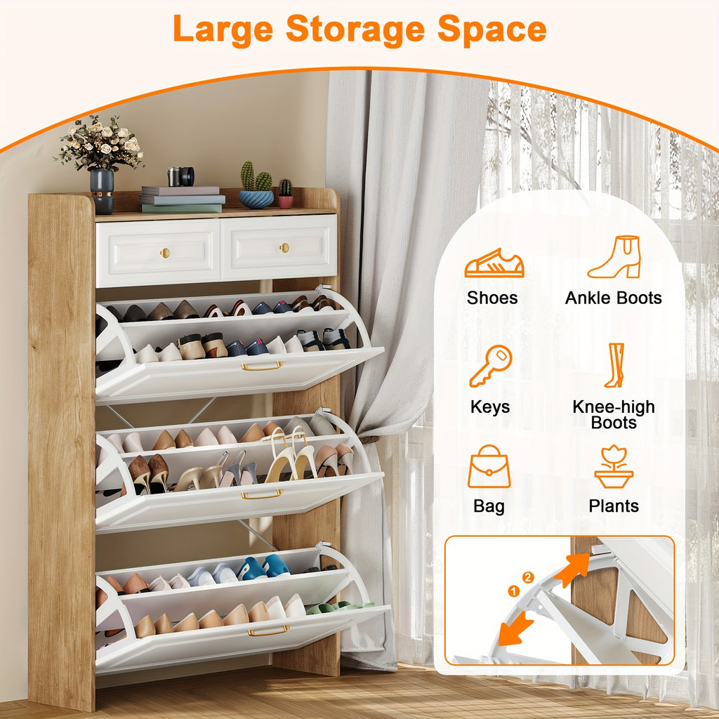 White Farmhouse Tall Shoe Storage Cabinet with 2 Flip-Down Drawers & Hidden Slim Organizer - Freestanding Narrow Shoe Rack with Golden-Toned Hardware, Space-Saving Entryway Organizer, Large Tabletop, Sturdy Hardwood Construction for Hallway, Foyer